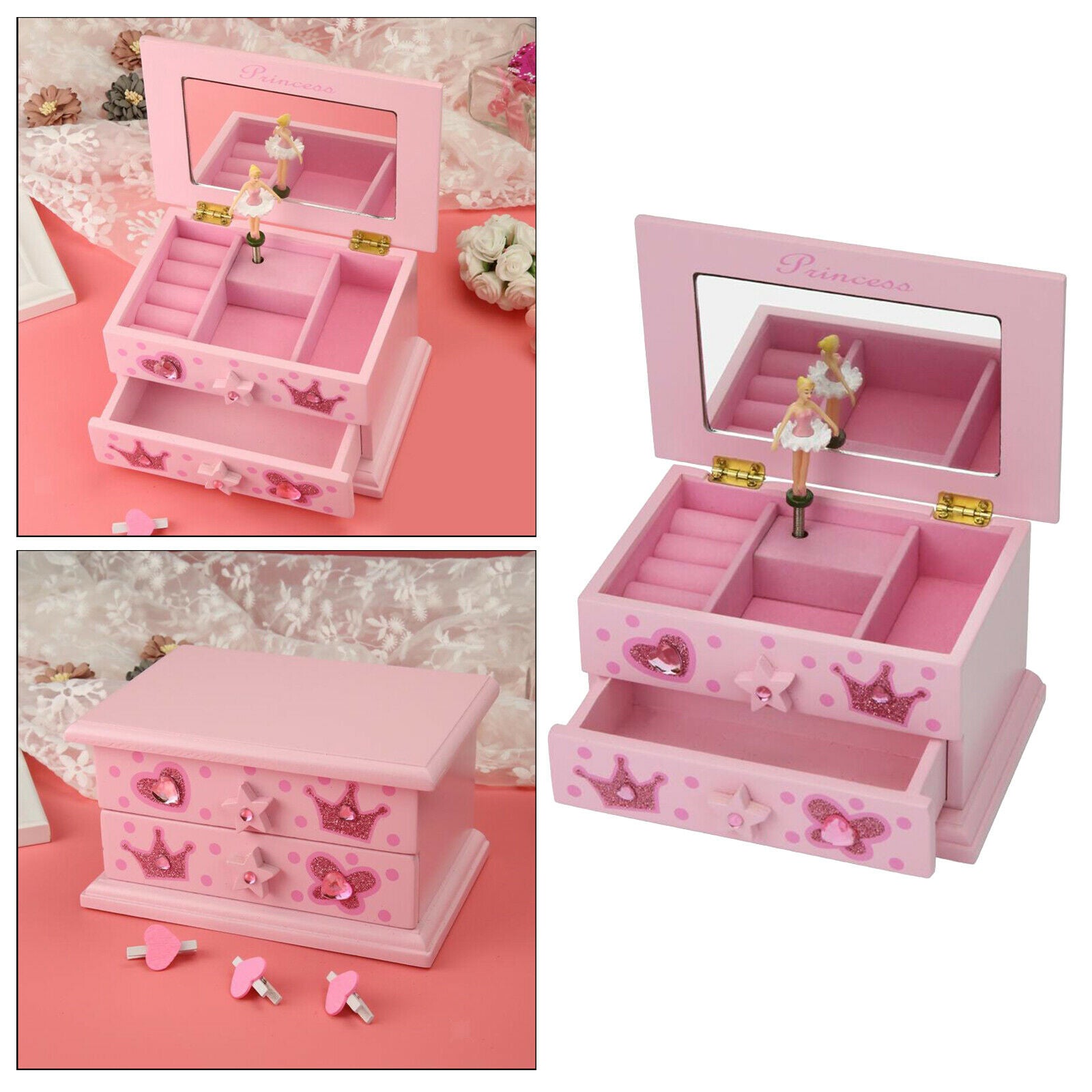 Princess Music Jewelry Box Ring Storage Compartment Organizer Decorative