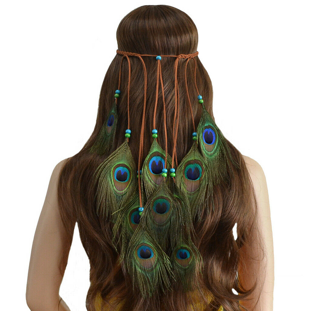 Handmade Ethnic Peacock Feather Headband Boho Long Tassel Hair Accessories