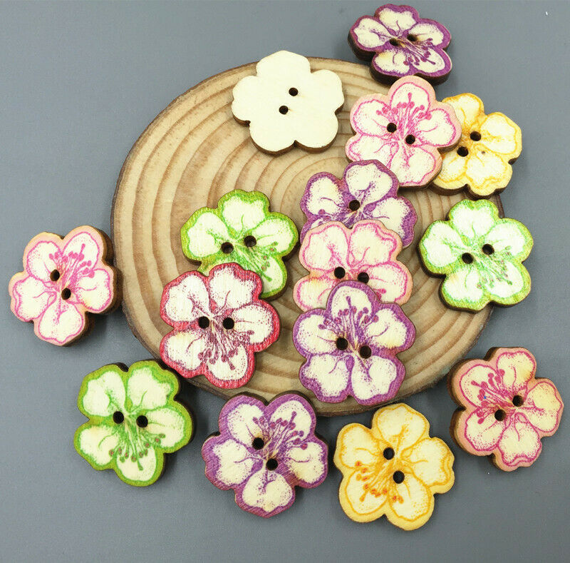 50X Wooden sewing buttons scrapbooking Cherry blossoms shape Embellishments 25mm