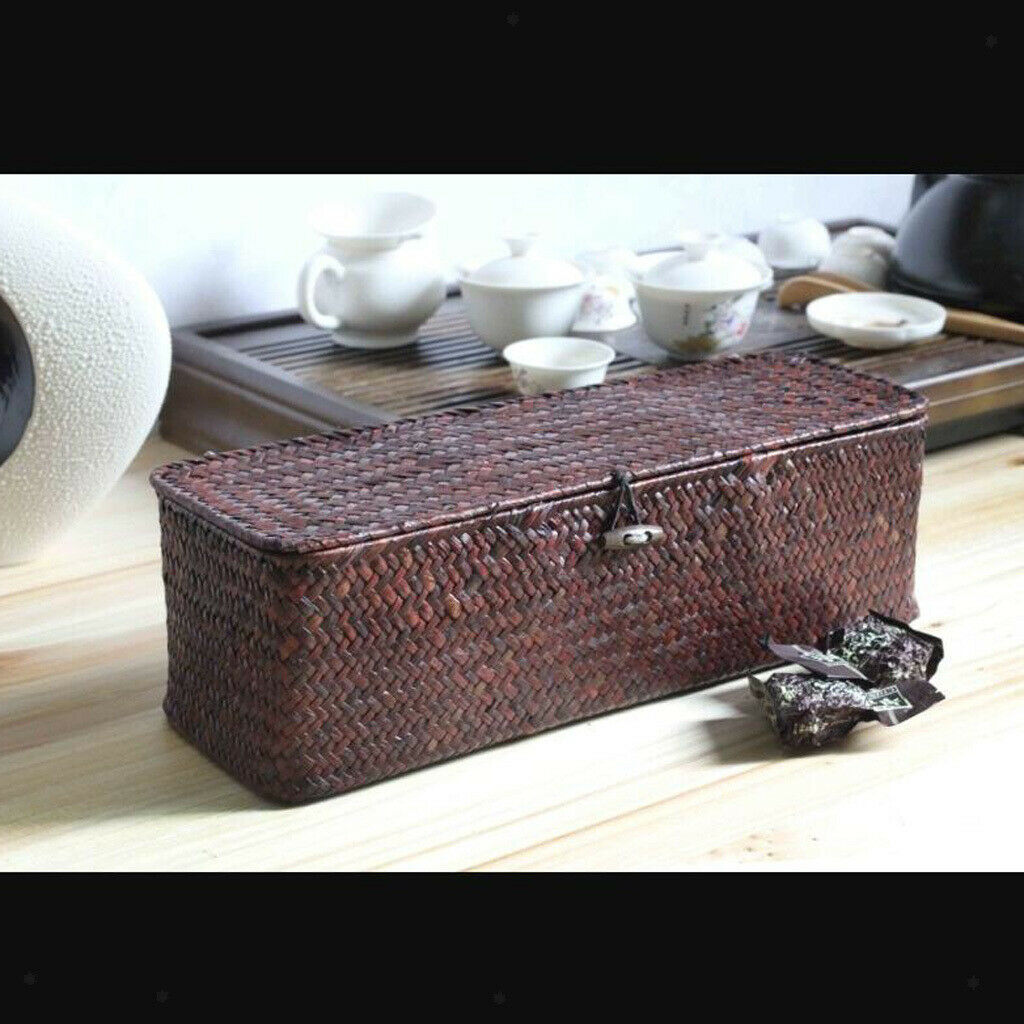 Seagrass Storage Box Handmade Woven Basket with Lid Dark Coffee 33x12x10cm