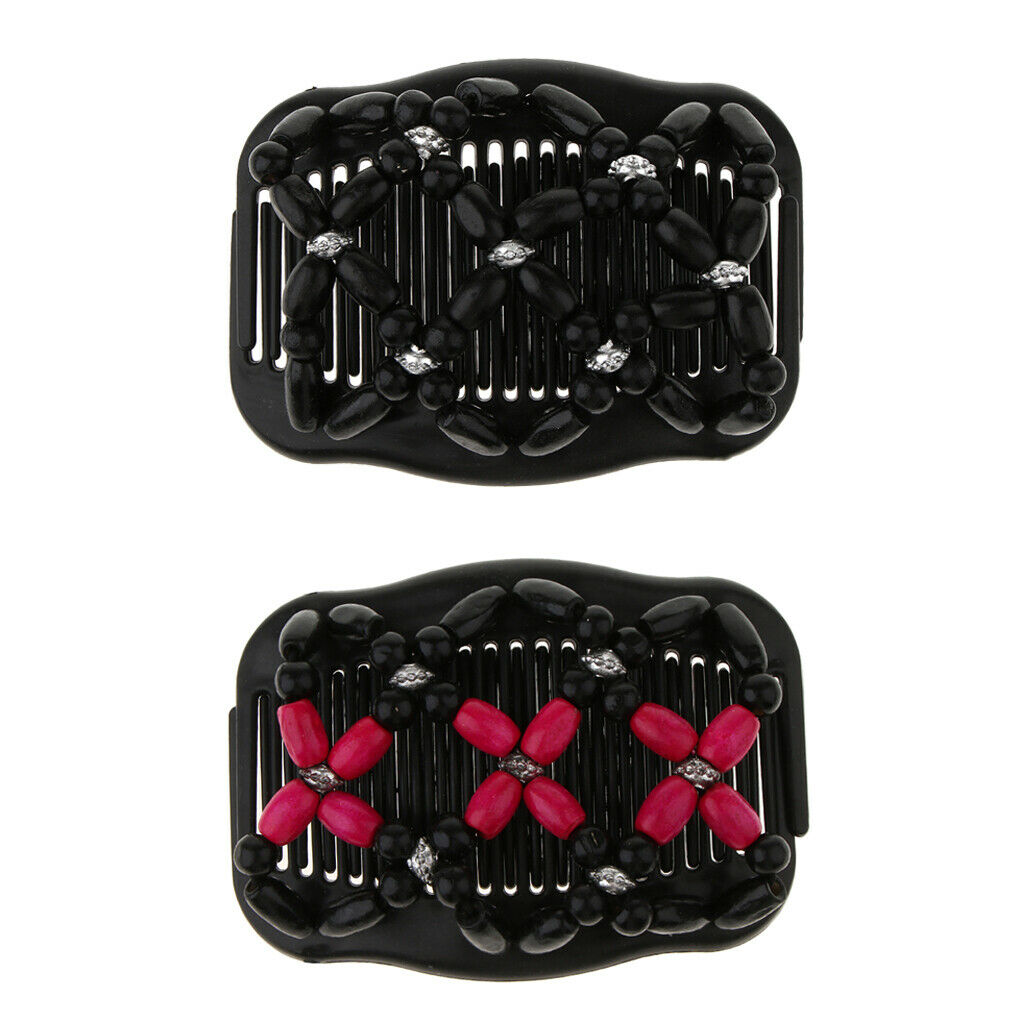 2 Packs Retro Double Insert Hair Combs Clips Womens Stretchy Wood Beads