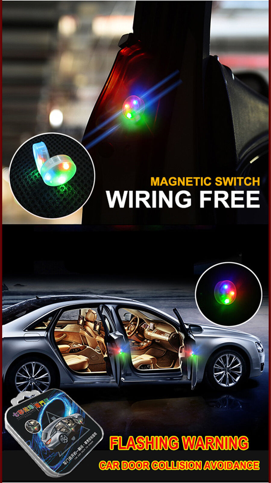 2x Colorful Car LED Door Opened Flash Warning Signal Lights Indicator Crash Lamp