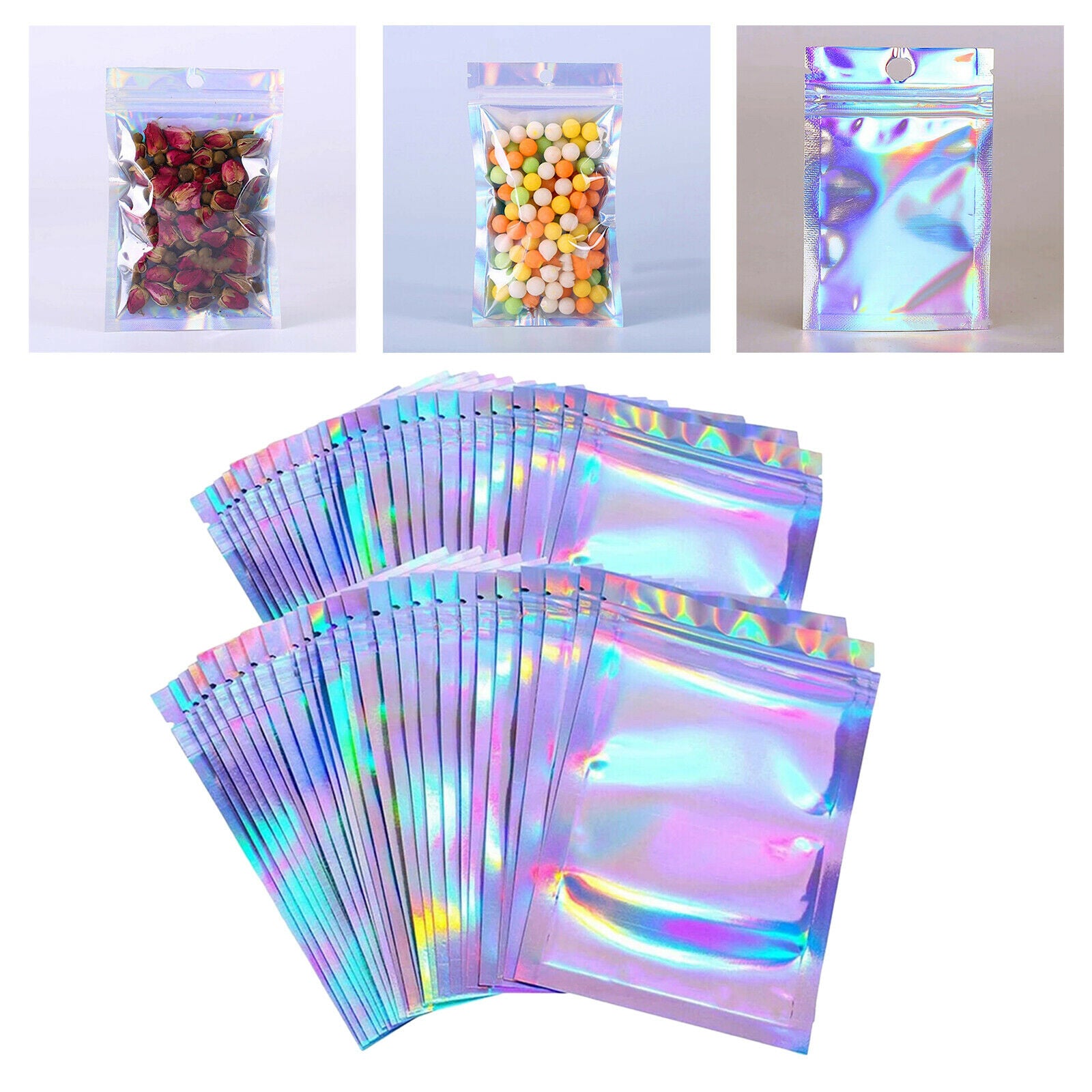 100 Pcs Iridescent Zipper Bags Resealable Food Tea Container Packing Sorting
