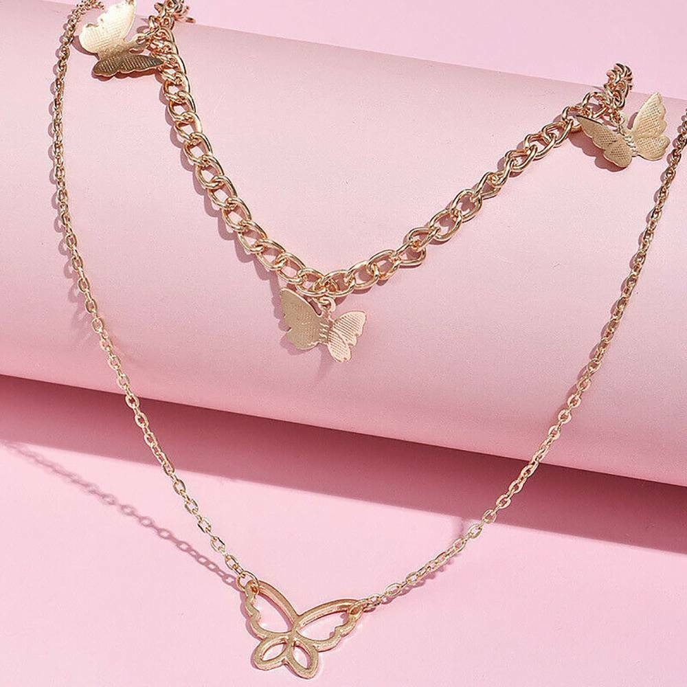 Double Layer Butterfly Pendant Necklace Clavicle Chain Choker Women Jewelry Gift