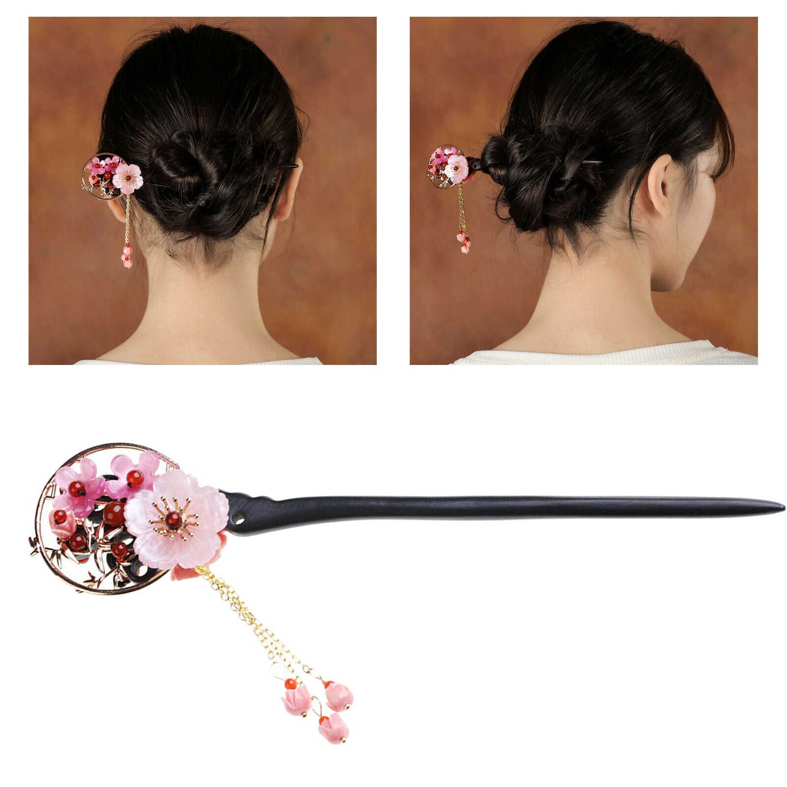 Chinese Style Hair Sticks Wooden Flower Tassel Gifts for Female Girls Bride