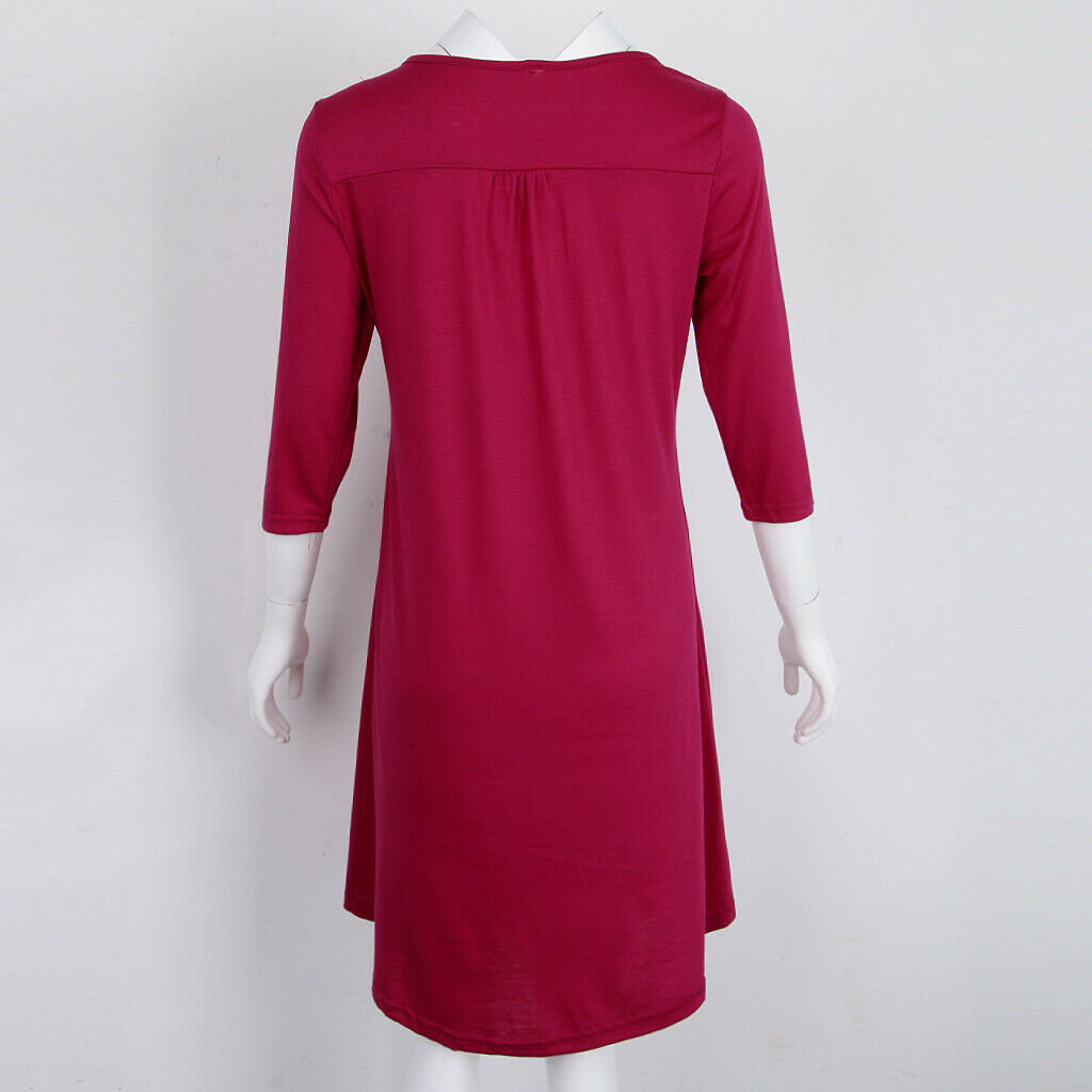 Women's 3/4 Sleeve Casual Loose Buttons Pleated Tops Blouse Dress S Purple