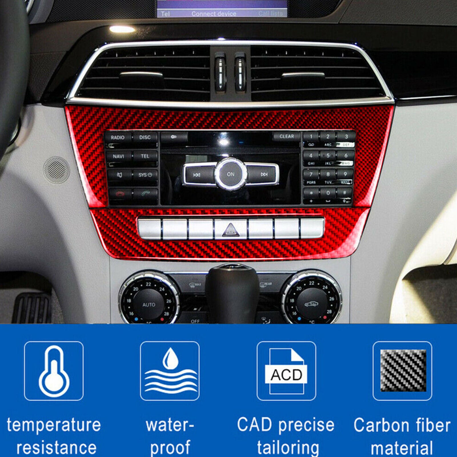 Red Carbon Fiber Central Console CD Cover Trim For Mercedes-Benz W204 11-13