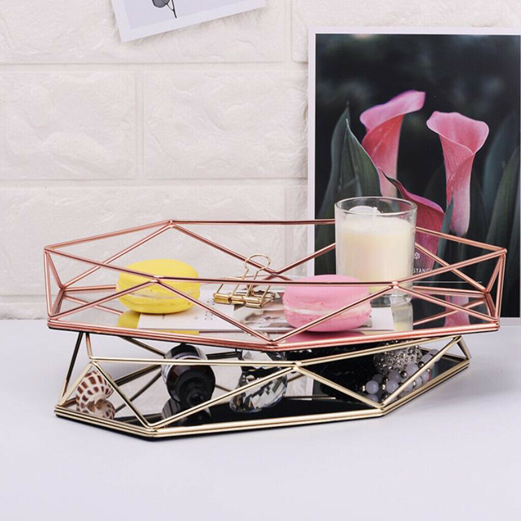 Metal Glass Jewelry Tray Makeup Cosmetic Organizer Storage Box Dessert Plate -