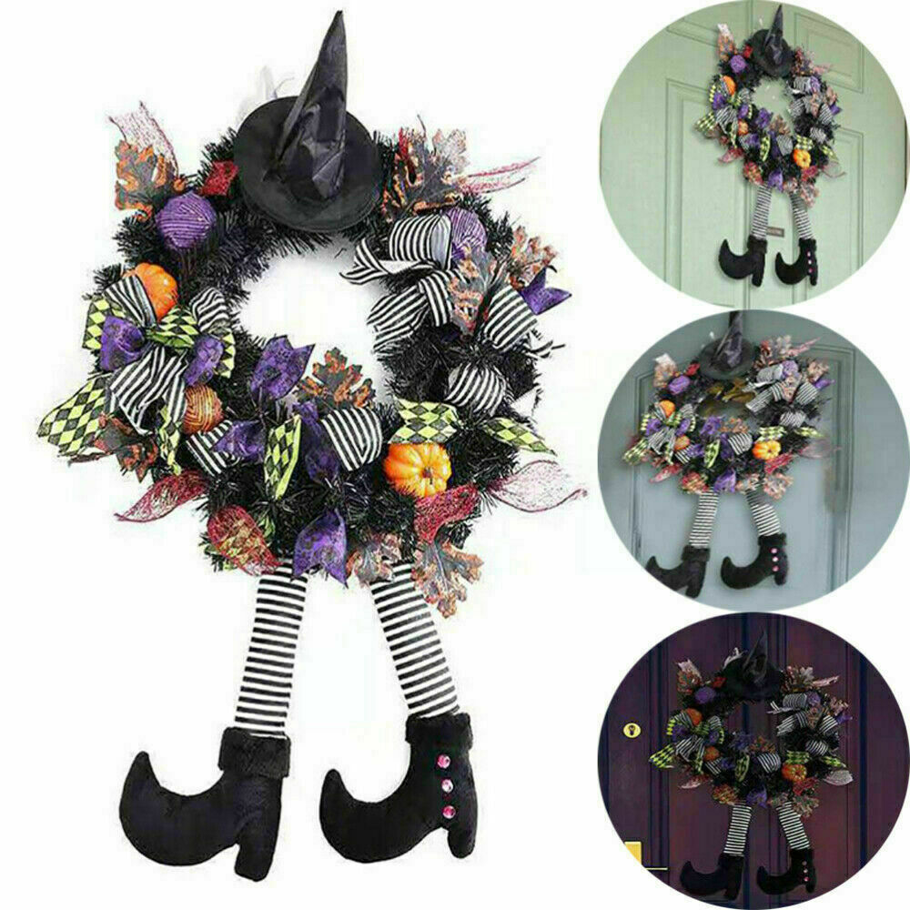 Happy Halloween Outdoor Wreath With Hat Legs Front Door Hanging Wreath Pumpkin