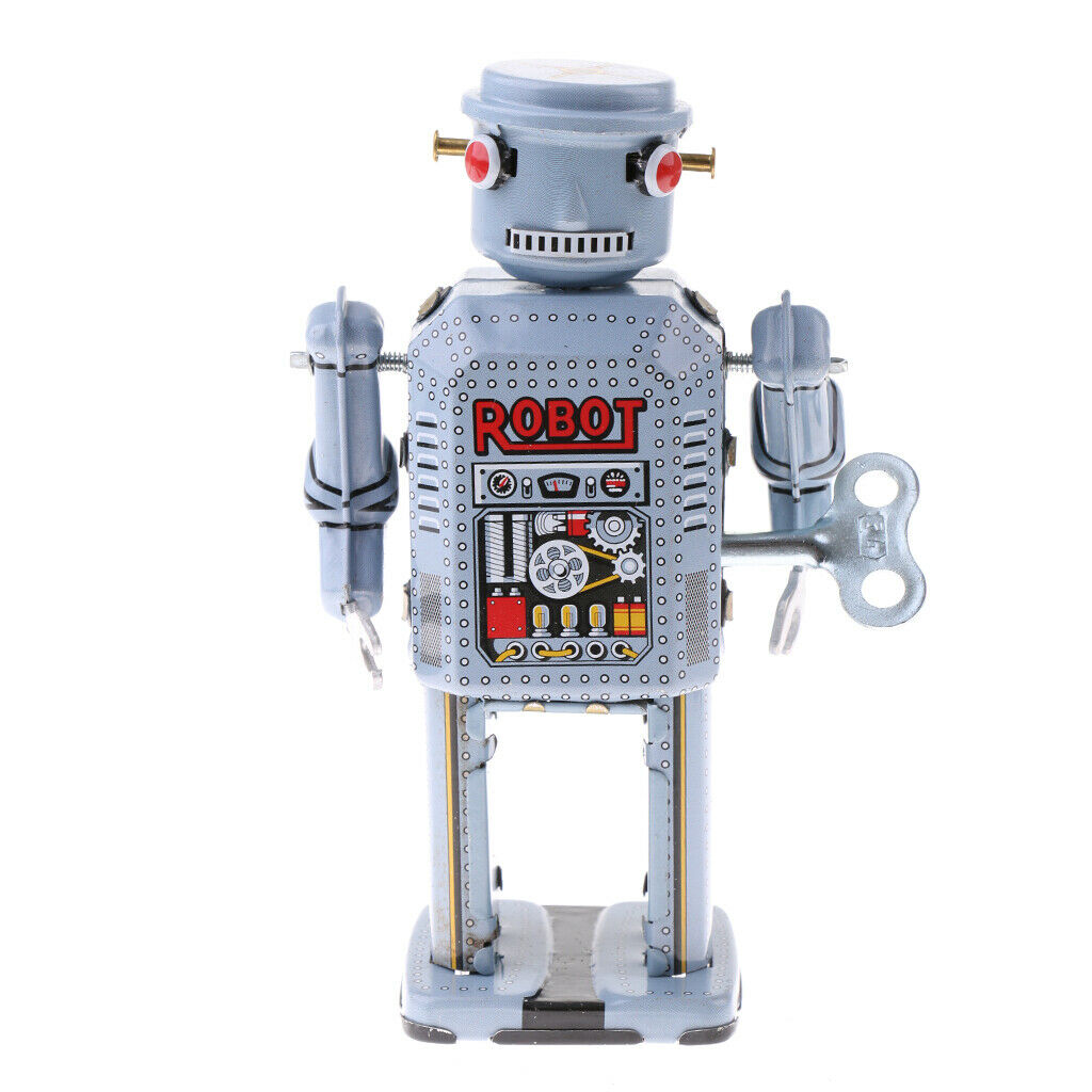 10cm Gray Wind Up Walking Planets Robot Clockwork Tin Tinplate Toys Collectibles
