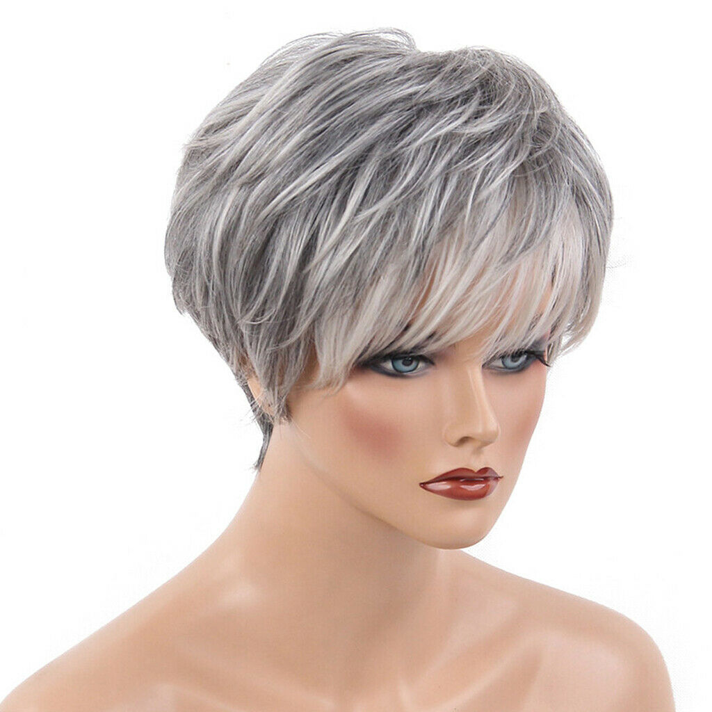 MagiDeal Fashion Lady Gray Short Human Hair Wigs Full Natural