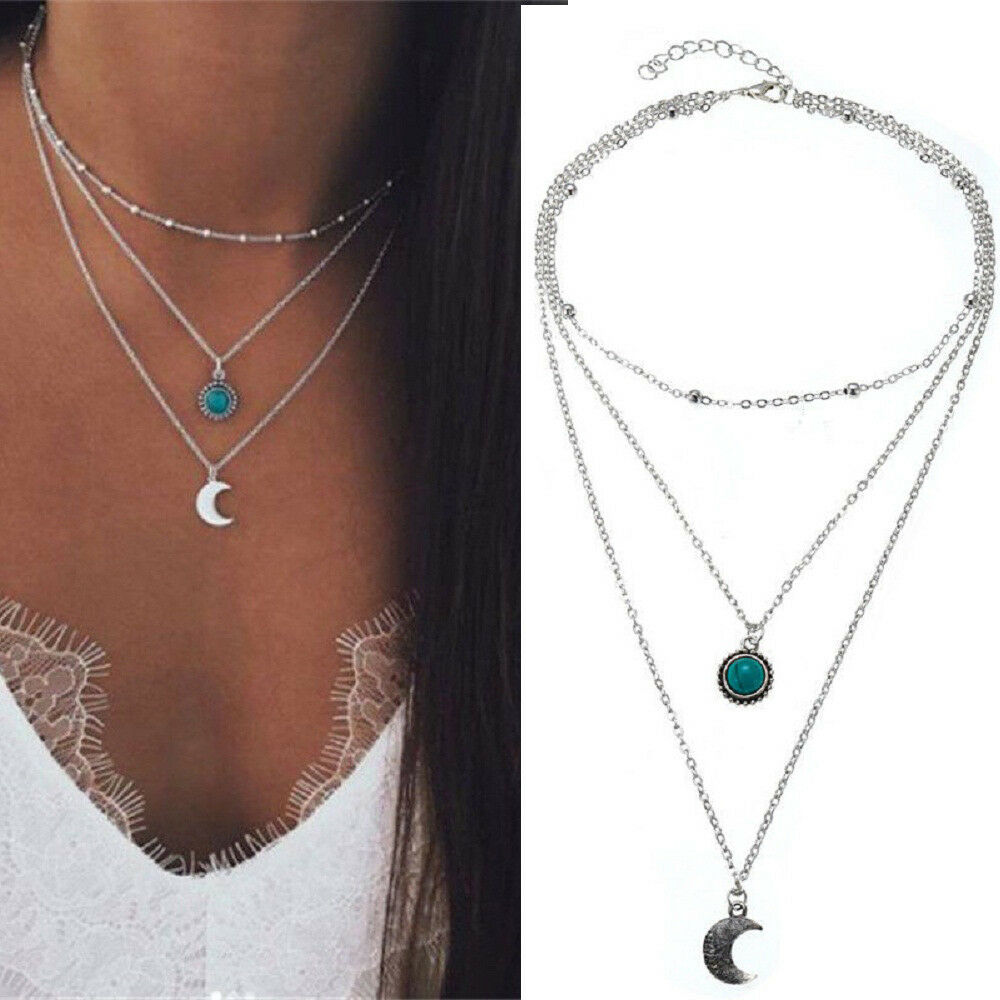 Fashion Multi-Layer Choker Turquoise Moon Pendant Chain Necklace Boho Jewelry