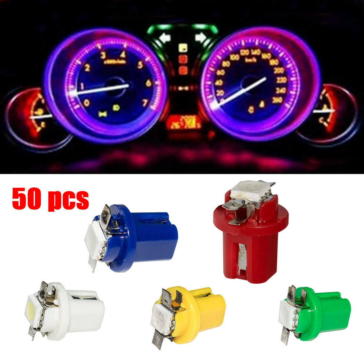 50pcs Wedge T5 5050 SMD LED Instrument Panel Cluster Plug Dash Lights 5 color