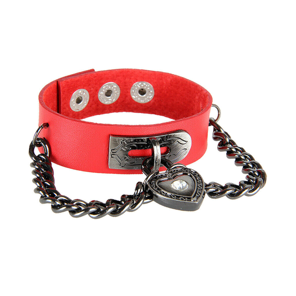 Punk Rock PU Leather Bracelet Wide Rock Metal Chain Wristband Cuff Red