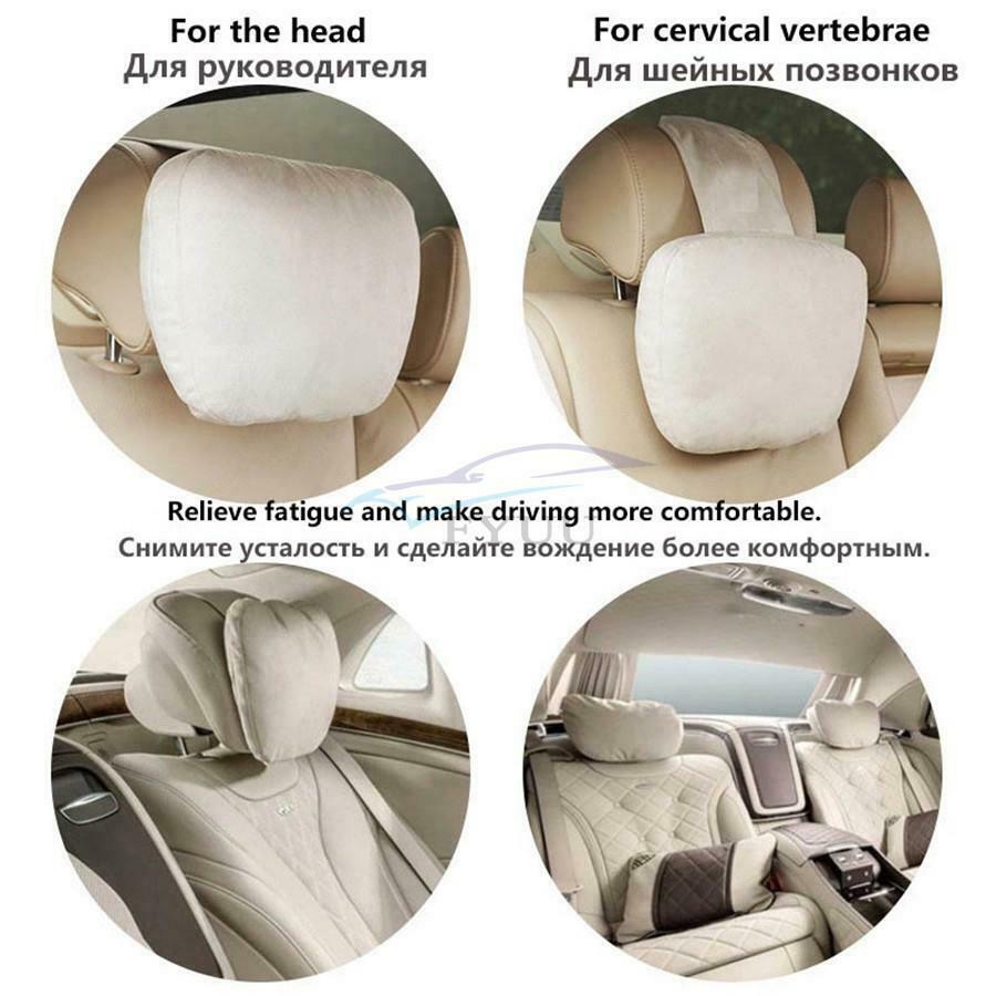 1 Set of Adjustable Car Seat Neck Headrest + Lumbar Support Beige Universal