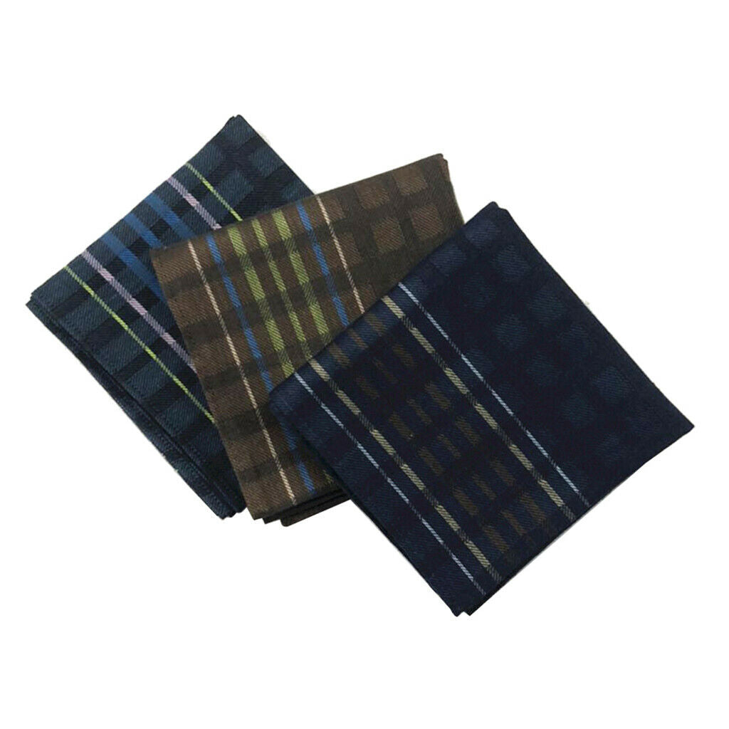 3x Men's Plaid Handkerchiefs 100% Cotton Party Pocket Square Hankies 16x16"