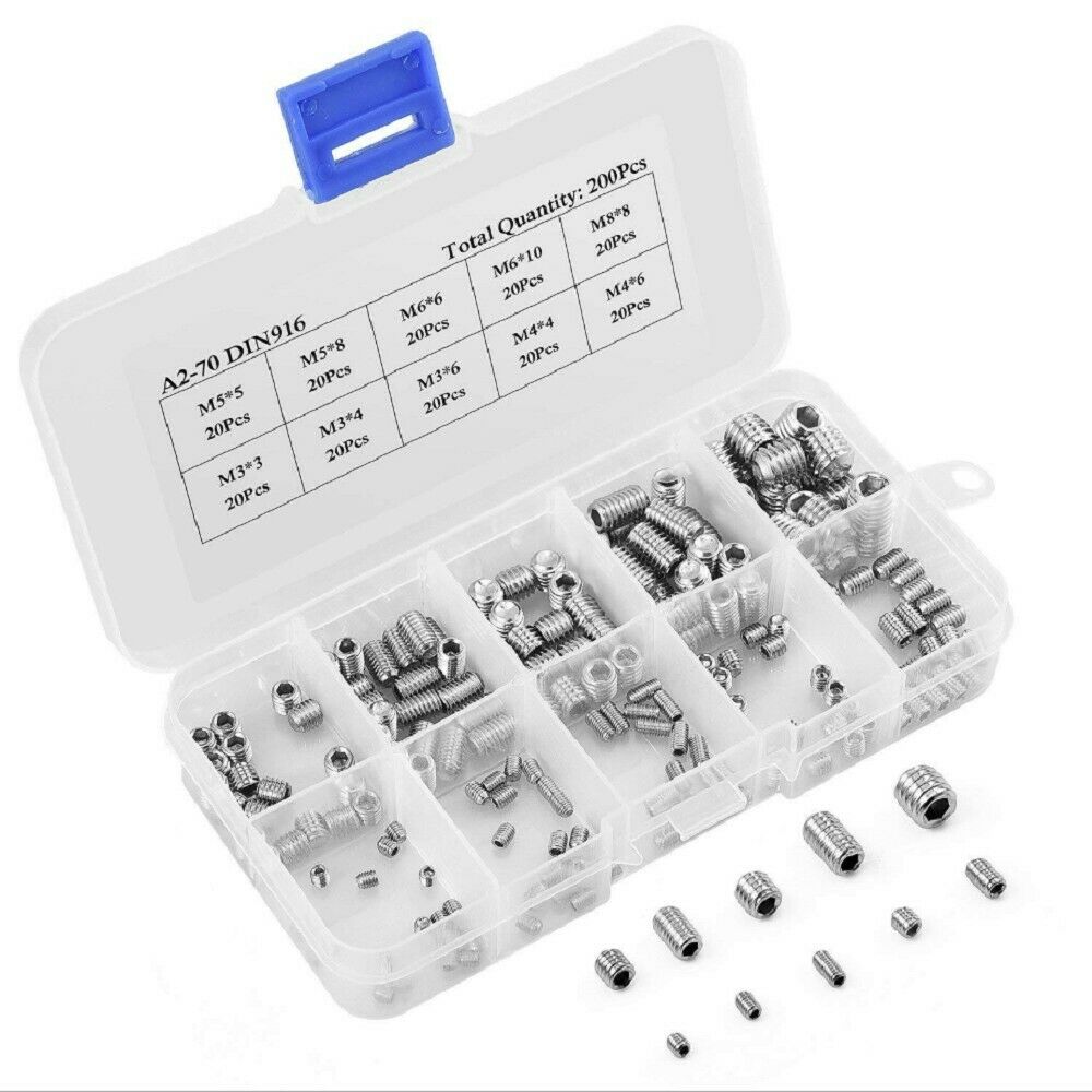 200 Pieces M3 M4 M5 M6 M8 Screw Set Hex Socket Set Screws Assortment Kit  Metric