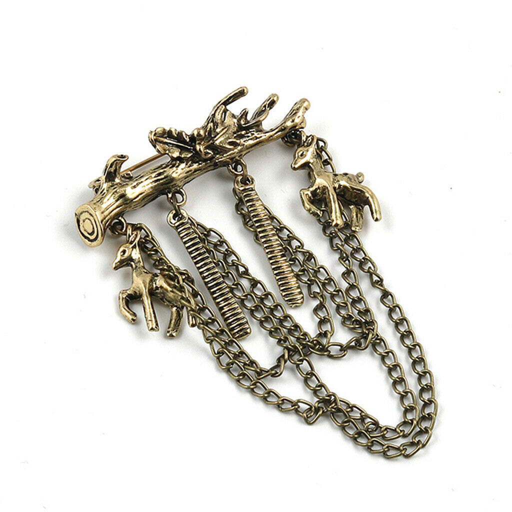 Men's Branches with Deer Hanging Chain Brooch Pin Tassels Brooch Pin Copper