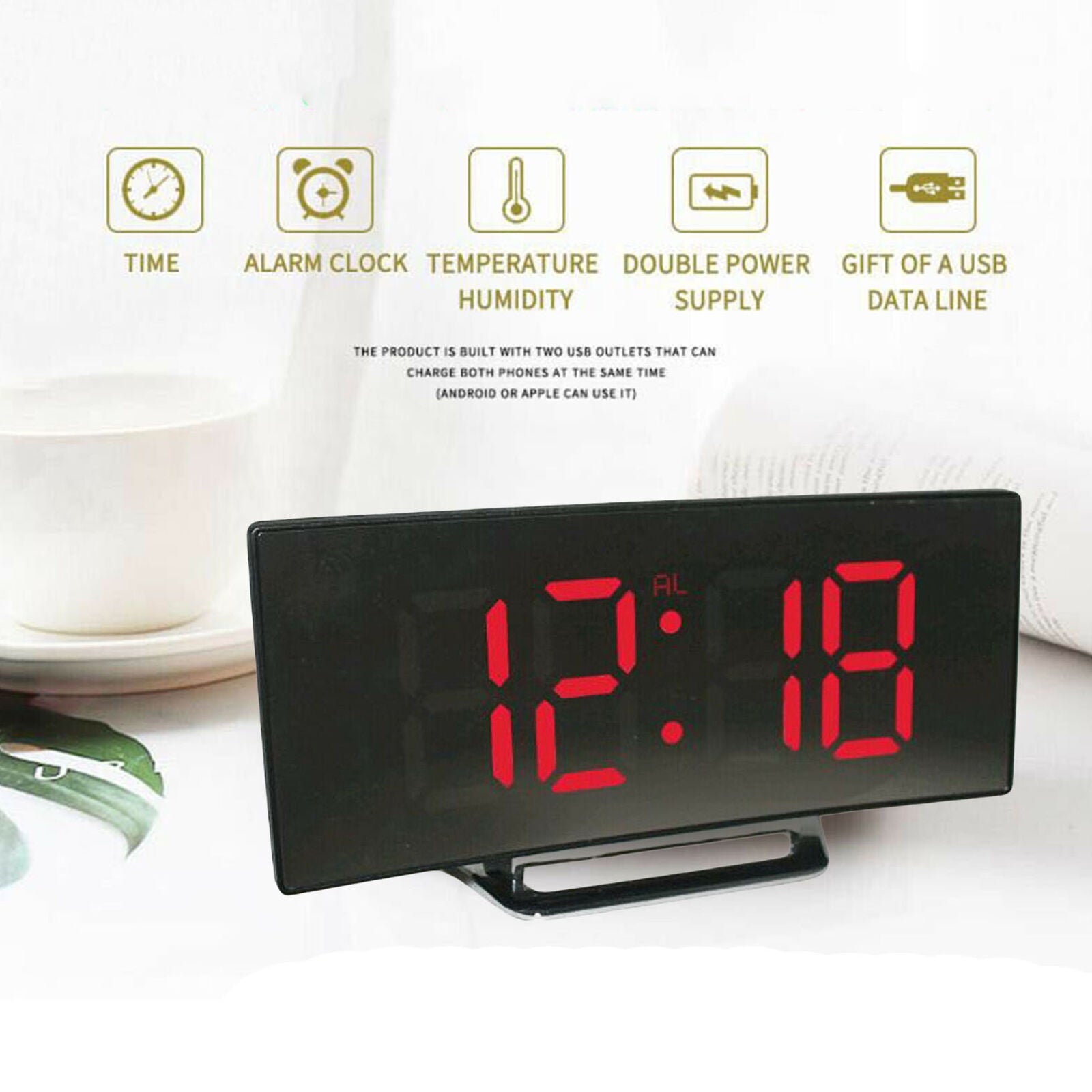 Digital LED Clock Snooze Mirror Alarm Clock Time Night Quiet Movement Red
