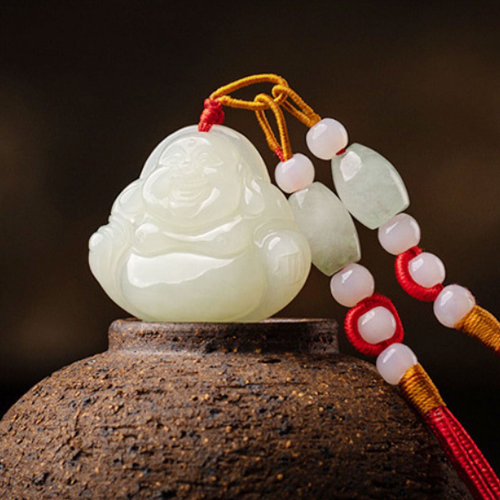 Laughing Buddha Jade Pendant Necklace with Adjustable String Luck Protection