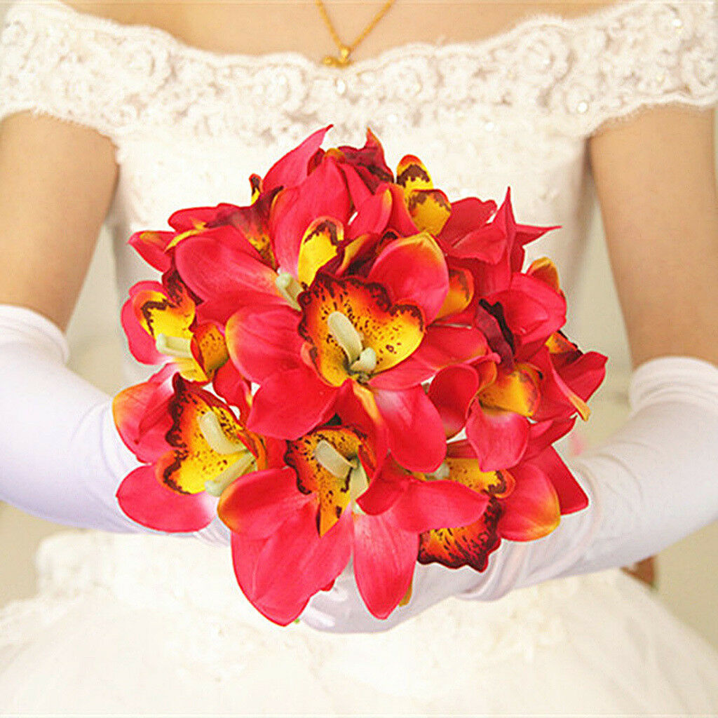 12-Head Artificial Silk Orchid Flower Wedding Decor Bridal Bouquet Party Red