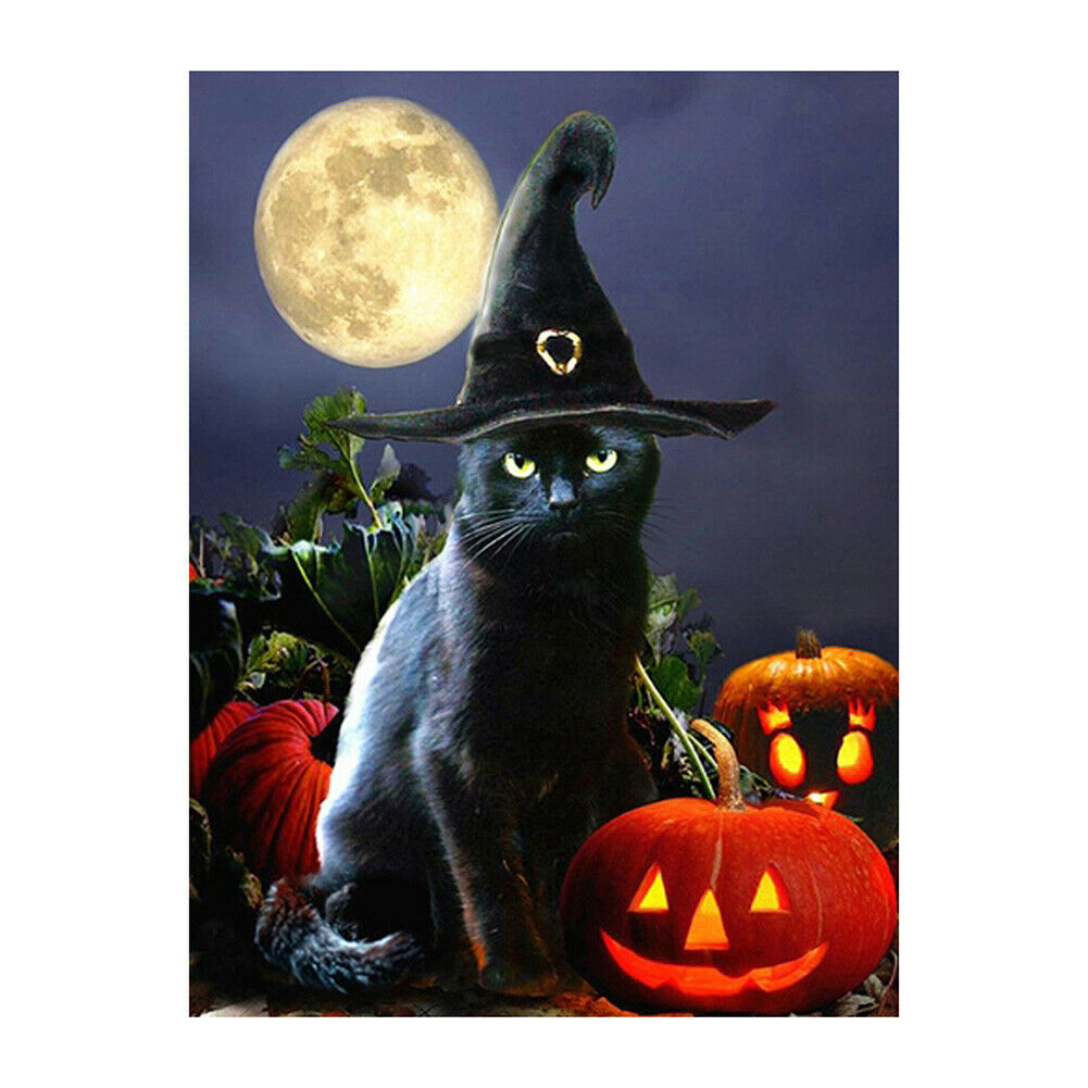 Halloween Black Cat 5D Full Drill Diamond Painting DIY Craft Cross Stitch @