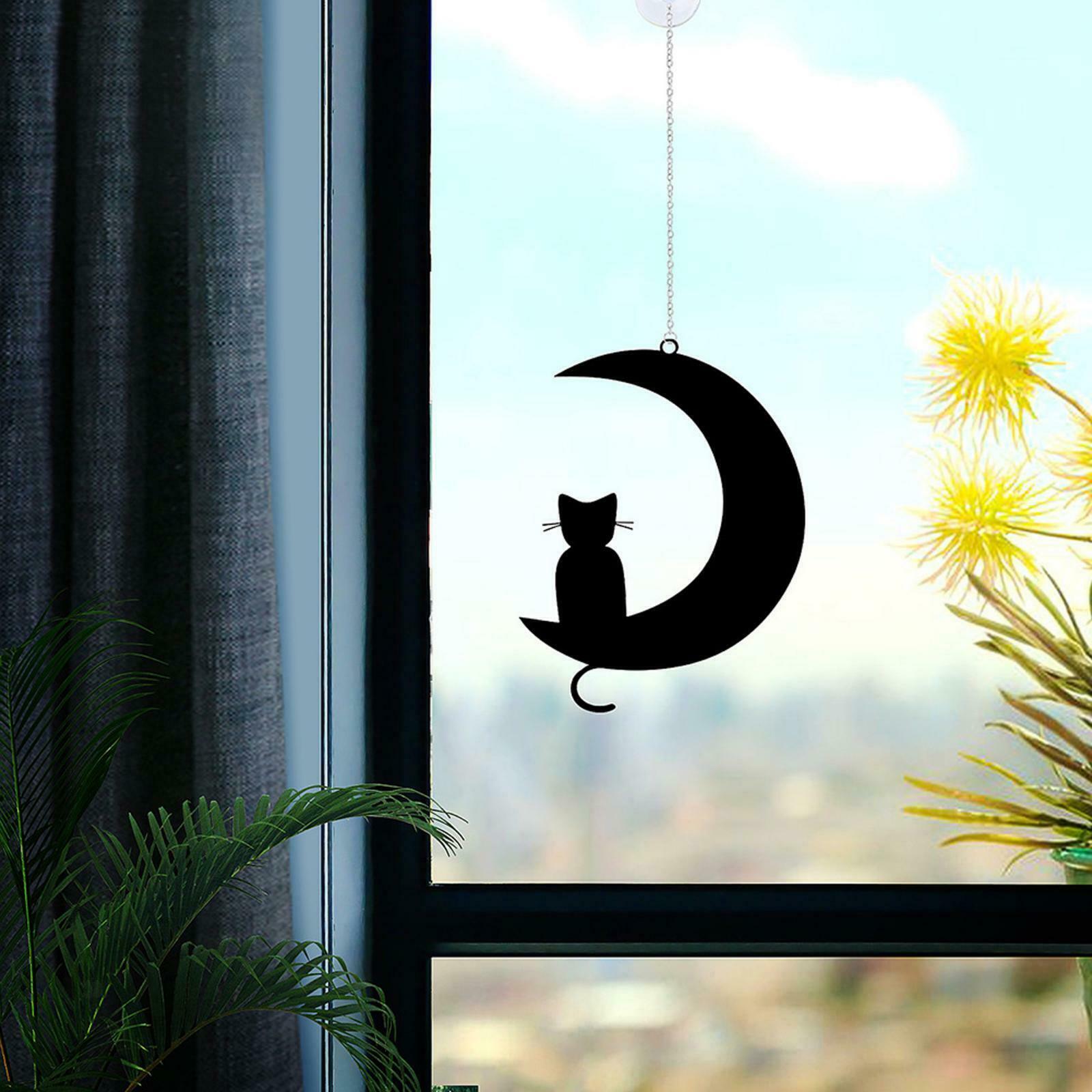 Iron Cat on The Moon Silhouettes Hanging Decor for Windows Wall Fence Garden