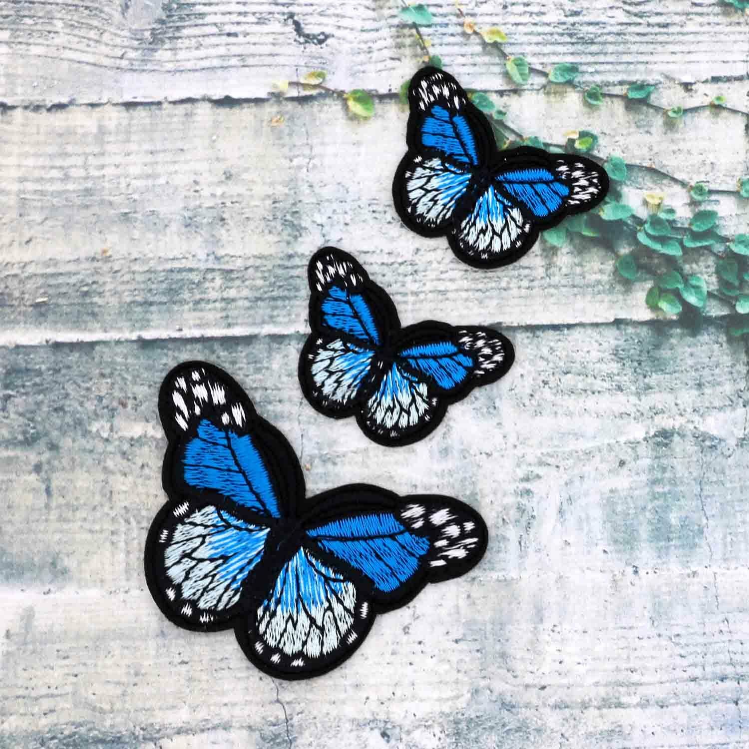2" 3Pcs Blue Monarch Butterfly Embroidered Iron on Sew On Patches
