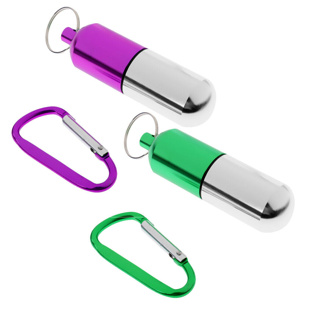 2x Mini Metal Portable Purse Pill Box Capsule Holder Fob Bottle Case w/ Keychain