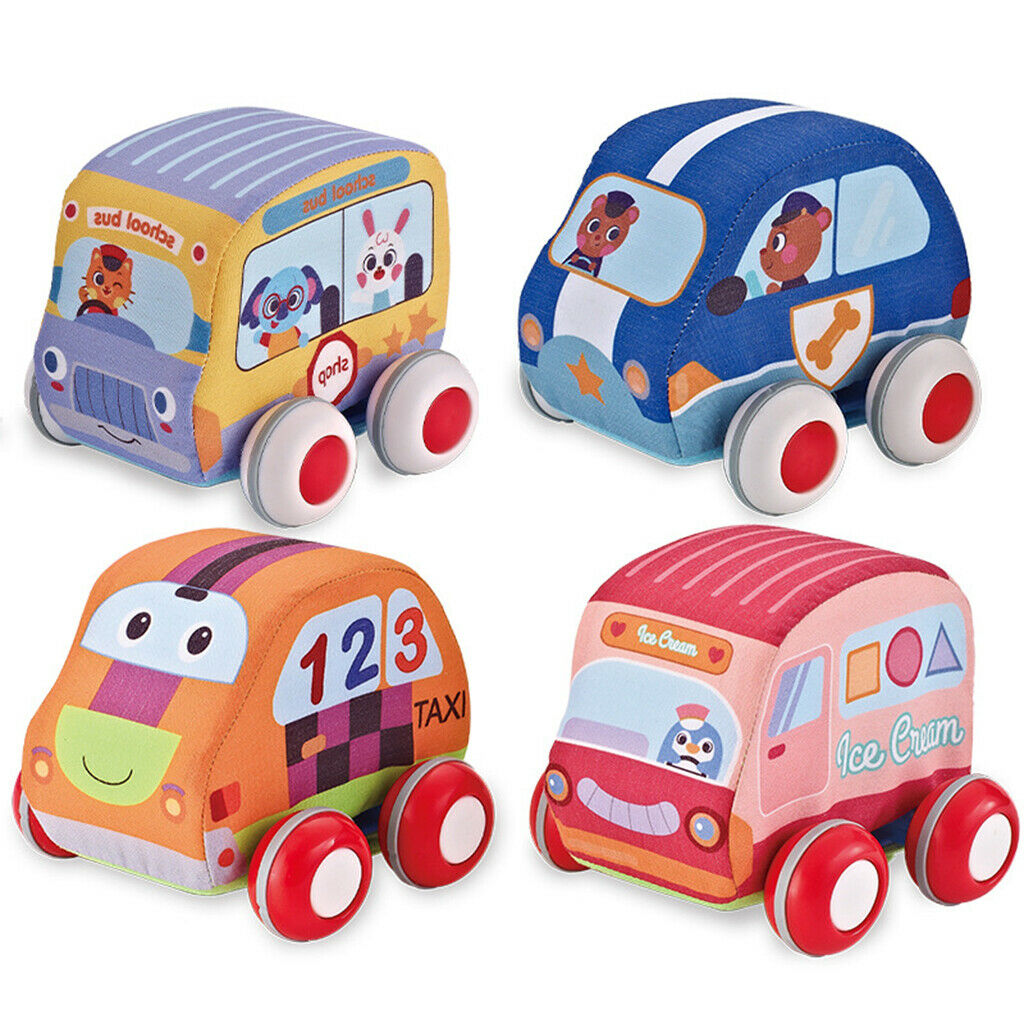 Set of 4 Soft Plush Pull Back Car Toys Mini for Toddlers Boy Girl Gifts