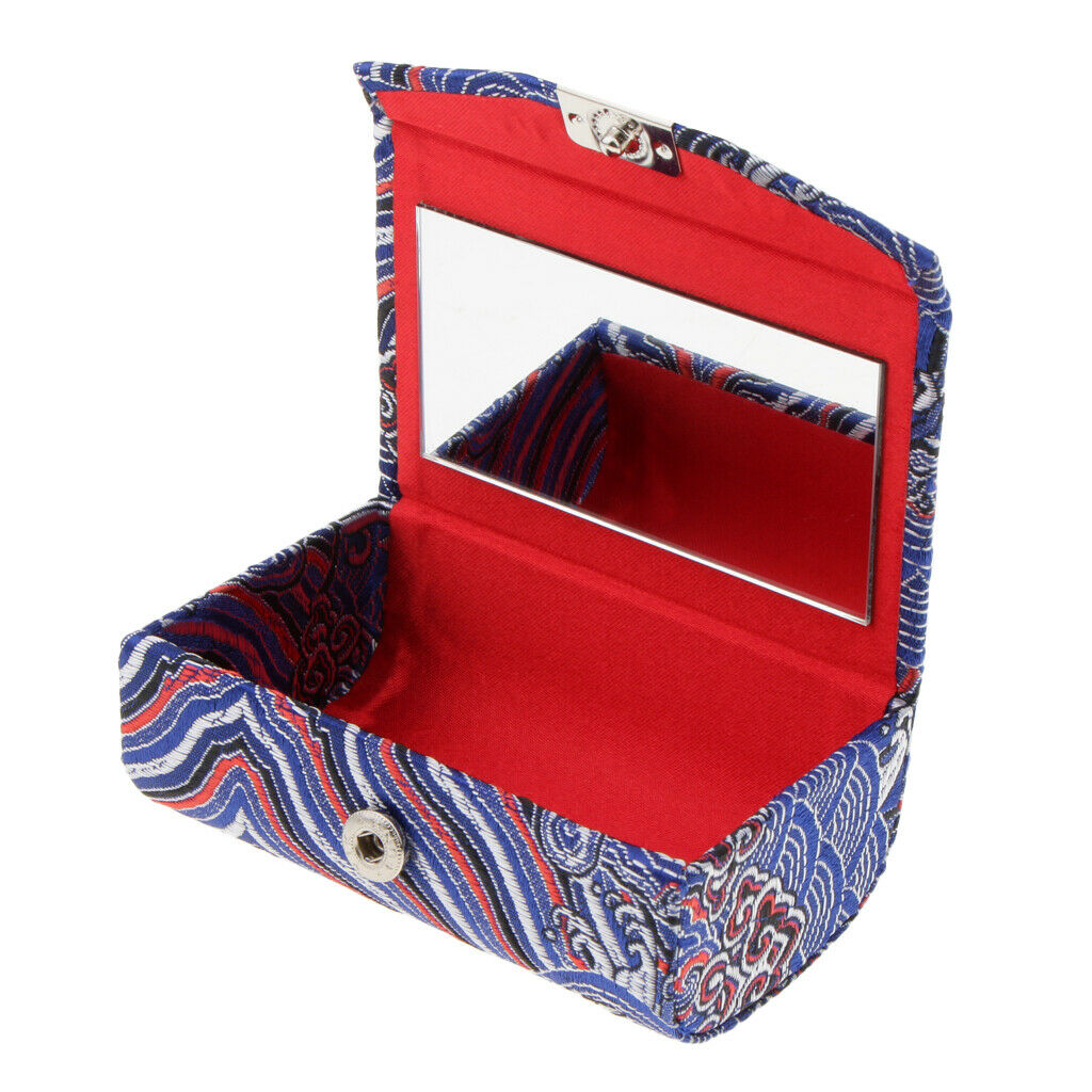 Embroidery Jewelry Makeup Lipstick Holder Case with Mirror Blue