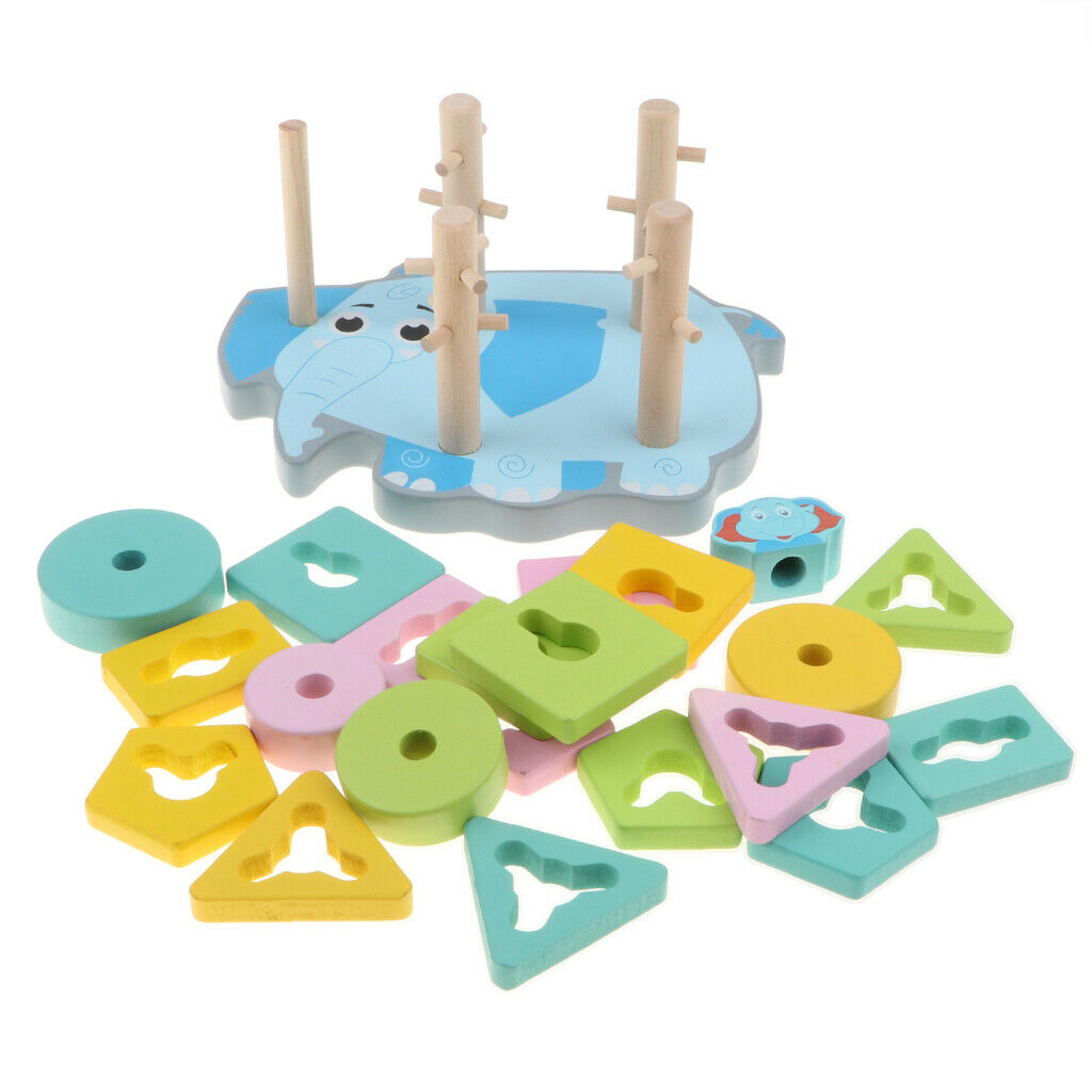 Wooden Cartoon Elephant Base Geometric Shape and Color Matching Blocks for Kids
