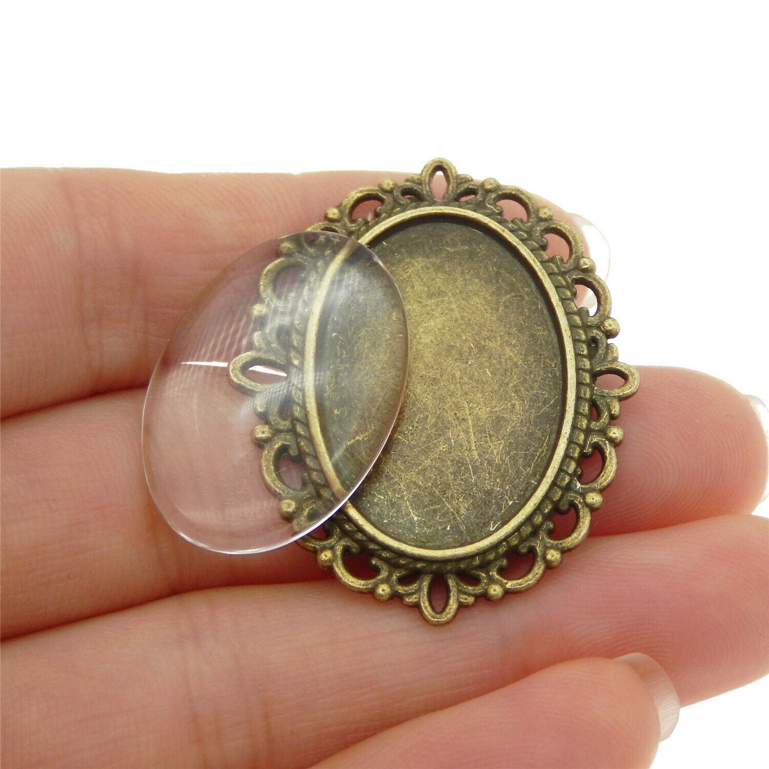 2Sets Alloy Bronze Oval Base w/ 25x18mm Glass Cameo Cabs Brooch DIY Accessories