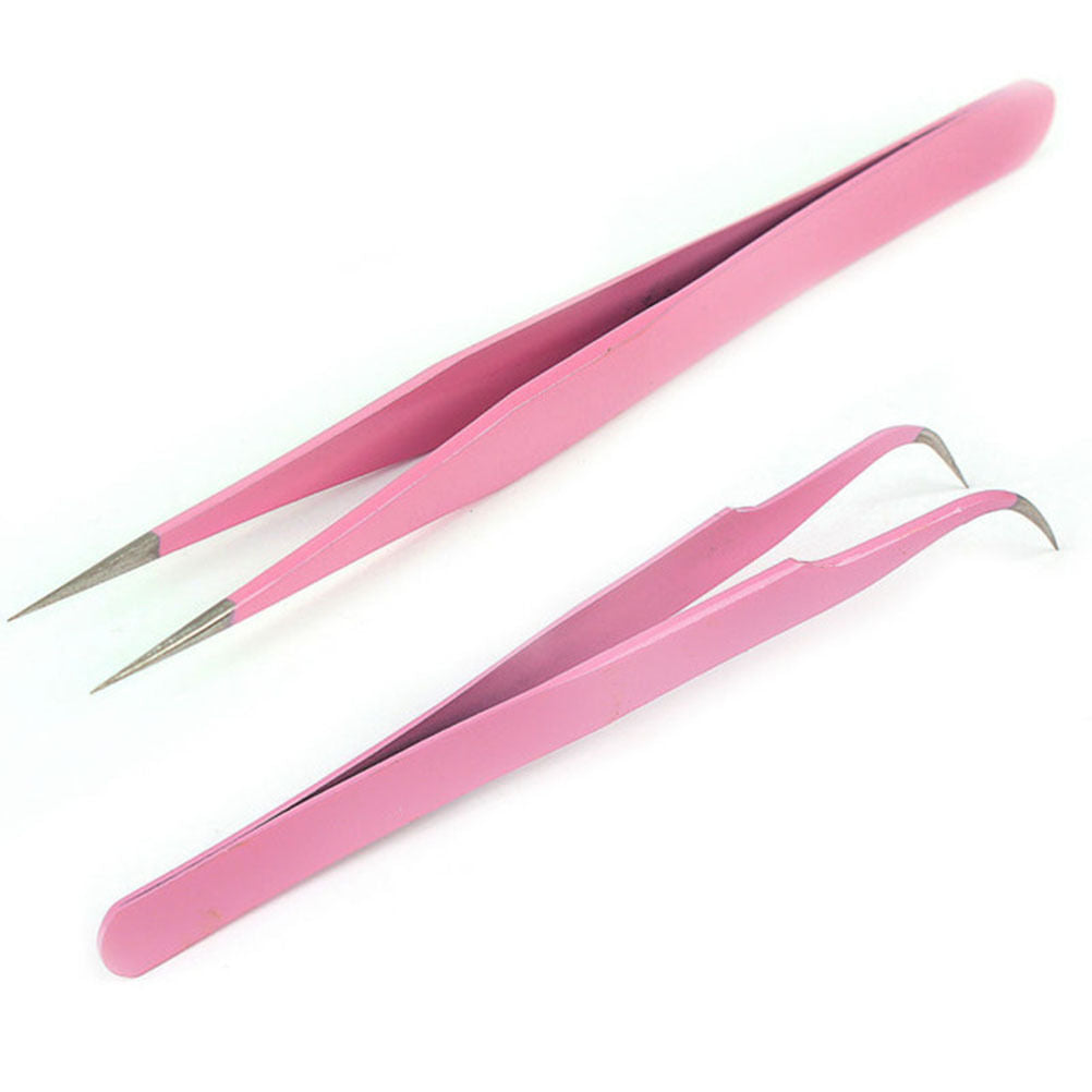 Steel Pink Btraight + Bend Tweezer for Eyelash Extensions Nail Art Nipper.l8