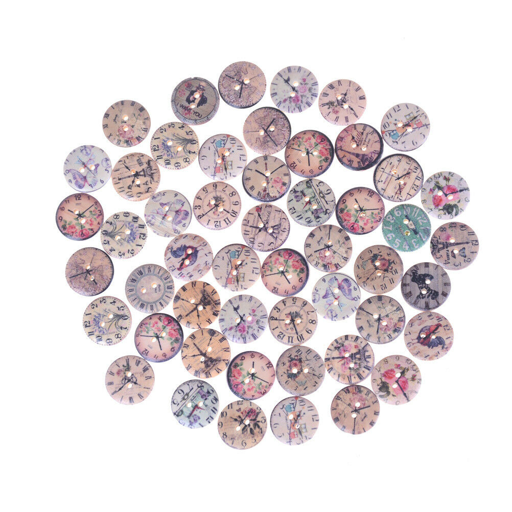 50pcs/set Retro Clocks Woodens Buttons 2Holes Painted Mini Wooden Buttons Cra SJ