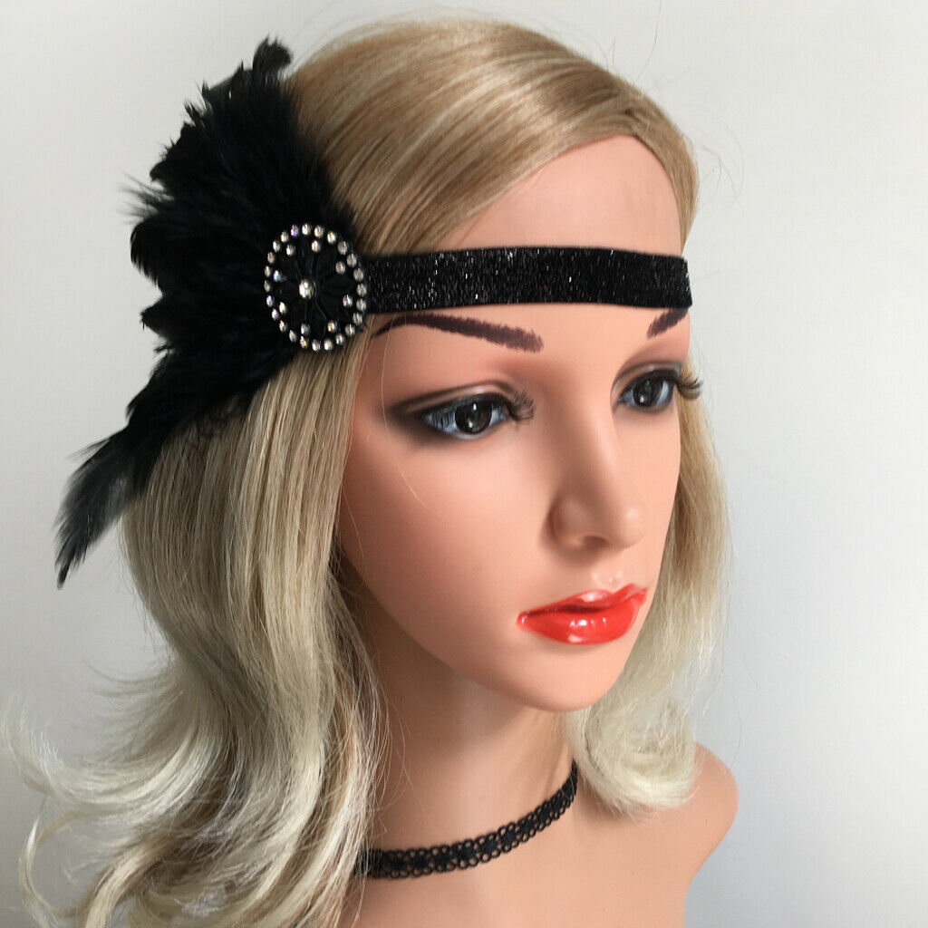 Feather Elastic Headband Flapper Fascinator Beads Hairband Headwrap Wedding 20s