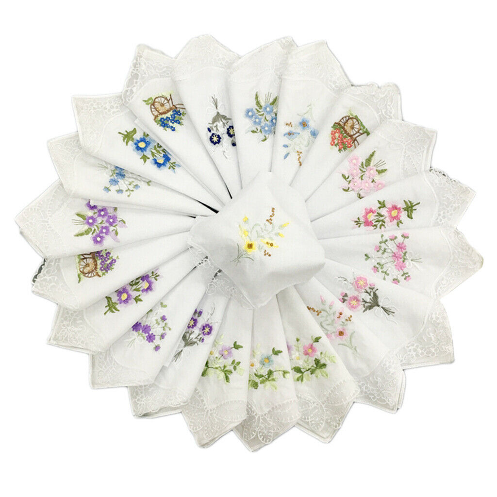 12pack Pure Cotton Embroidered Handkerchiefs Washable Floral Lace Hankie  ''