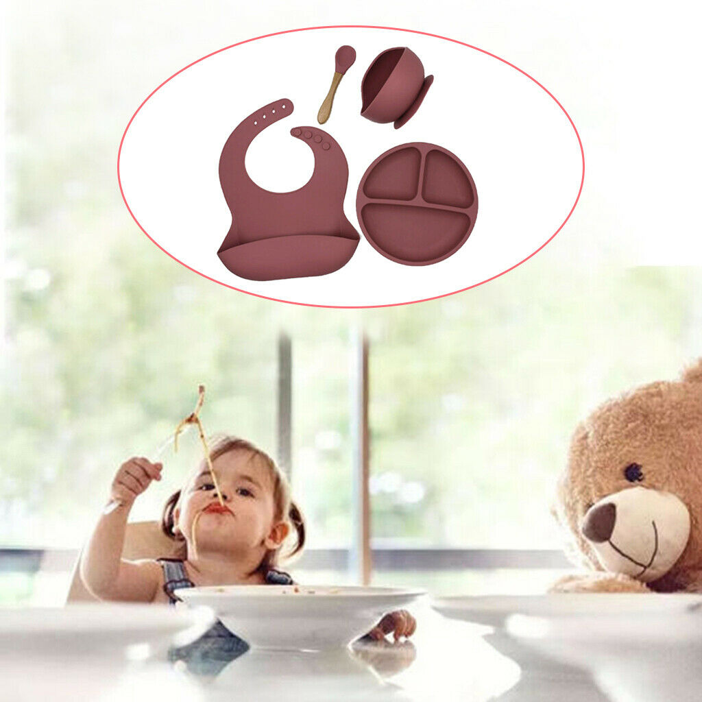 4pcs Baby Supplies with Plate Spoons Bib and Bowl Easily Wipe Clean Rose