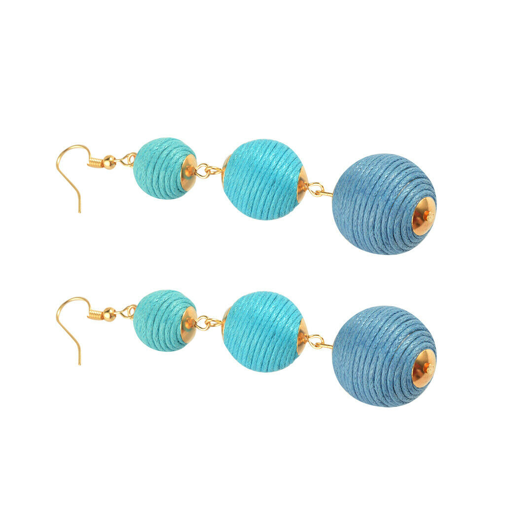 Handmade Women Multi Layer Balls Woolen Earrings Ear Hook Dangle Light Blue