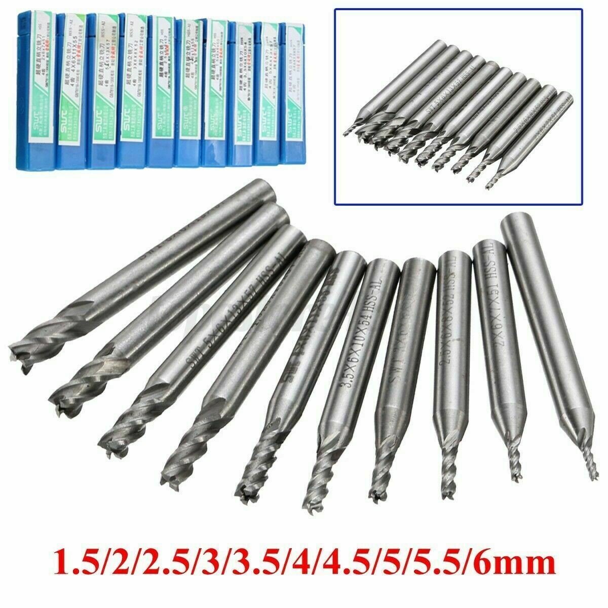 10pcs/set 1.5-6mm HSS Straight Shank 4 Flute End Mill Cutter CNC Drill Bit Tool