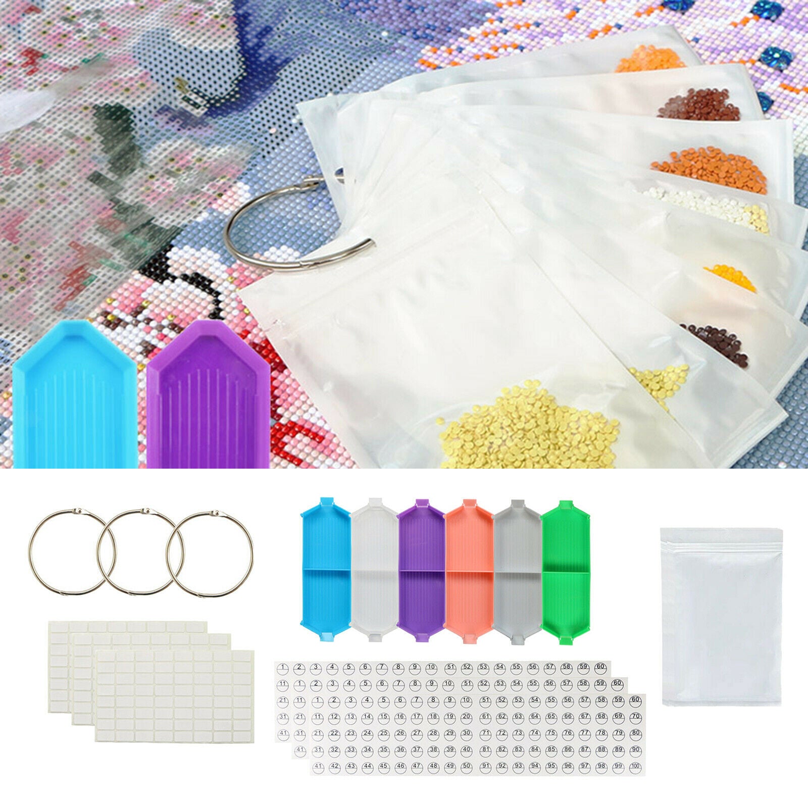 115Pcs 5D Diamond Painting Tools Tray Stickers Resealable Bag Binding Rings