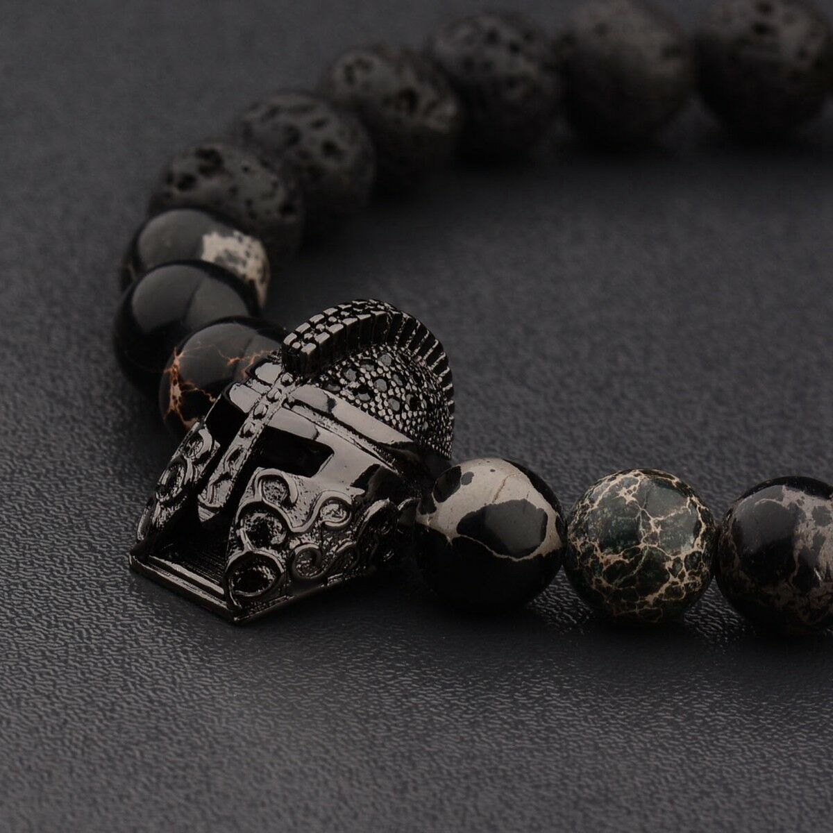 Fashion Men's Lava Stone Beaded Black Helmet Bracelets Spartan Knight Bangle