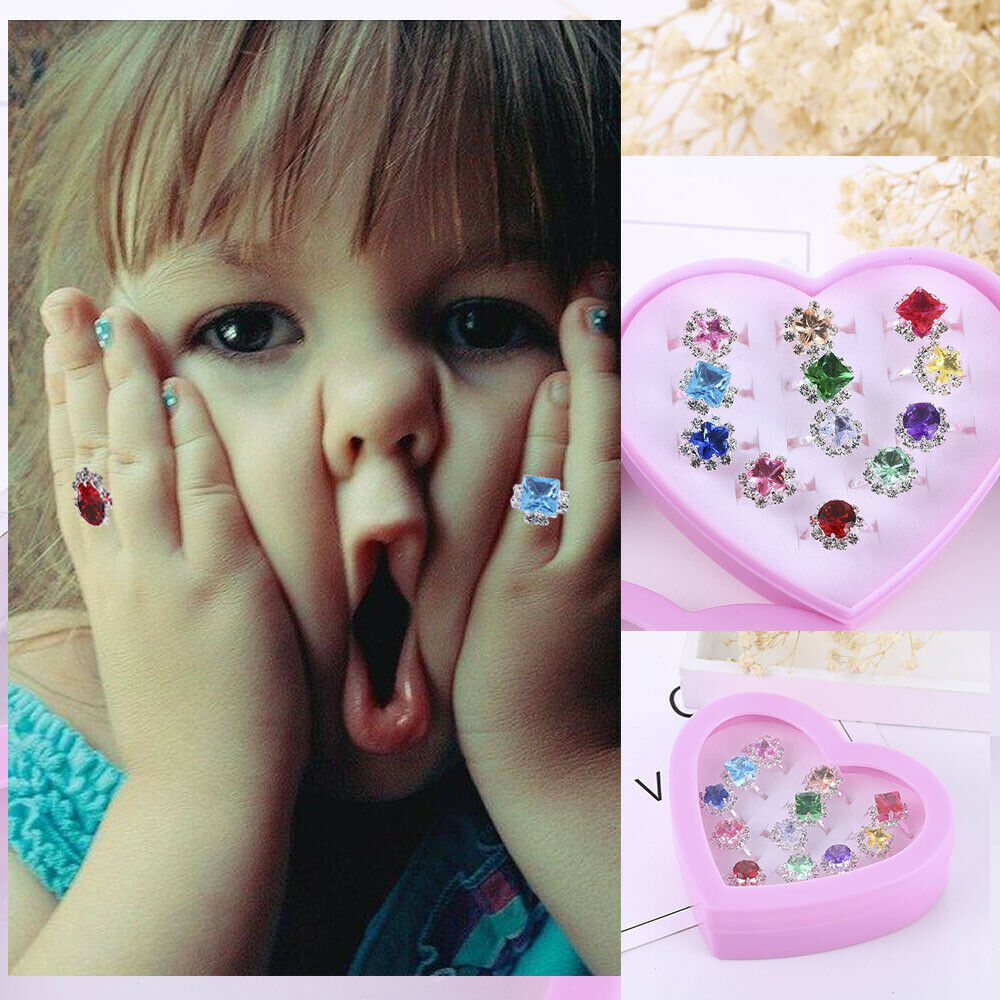 12Pcs/Box Child Girl Adjustable Kids Ring Set Crystal Rings Diamate Cute Jewelry