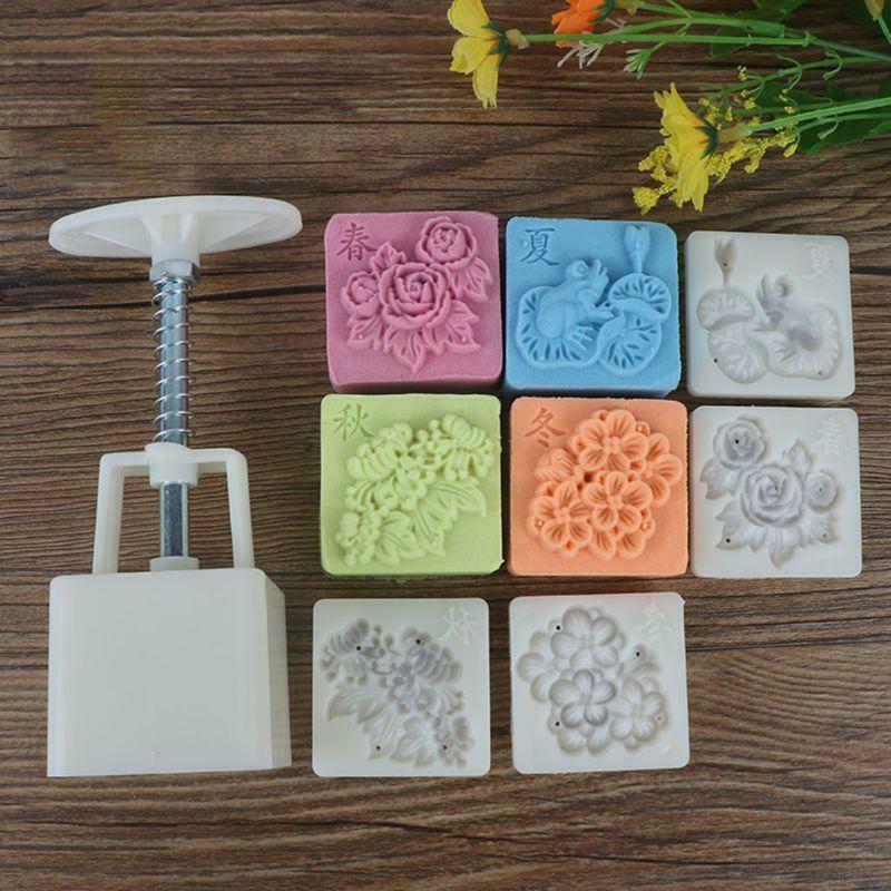 Four Season Flowers Square Hand Pressed Mooncake Mold 4 Stamps Baking Tools