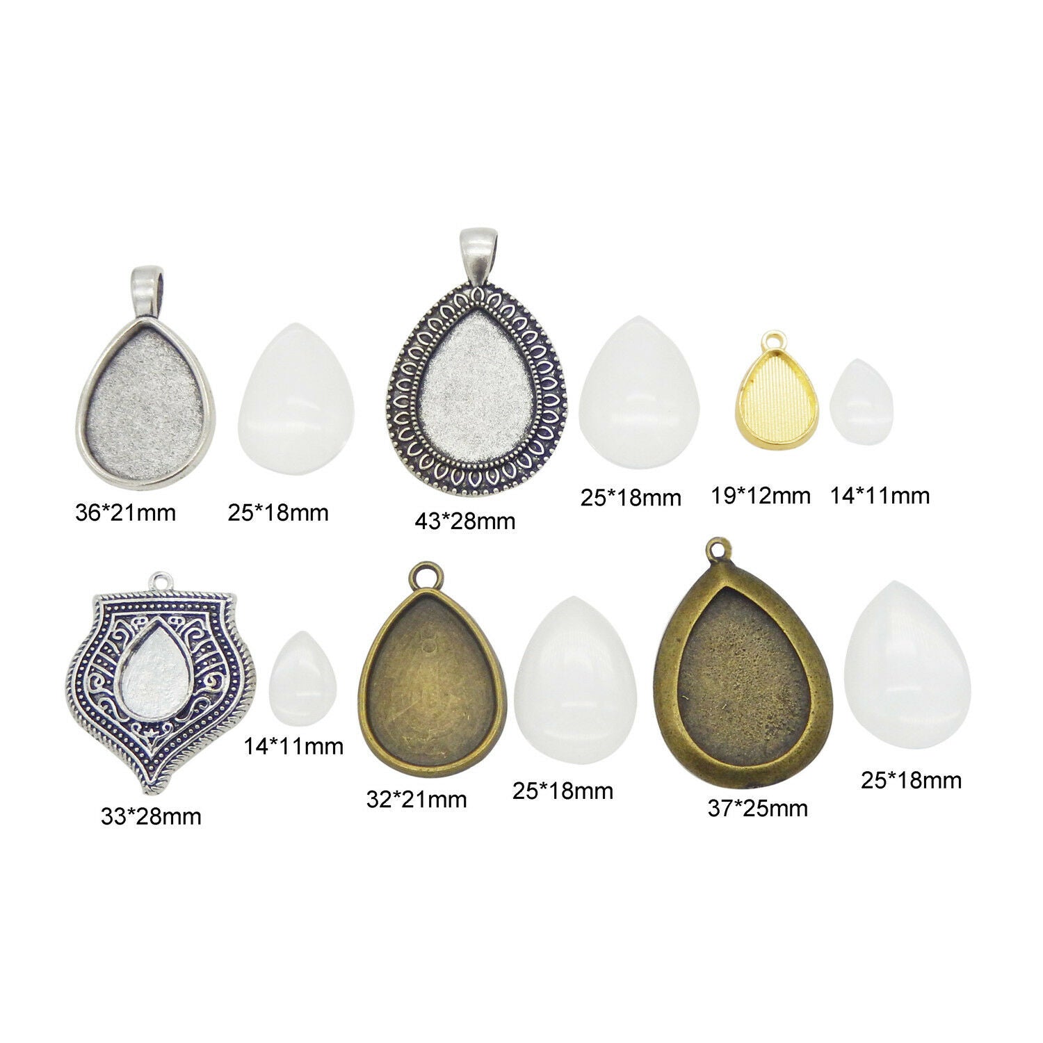 5 Mix Metal Base Settings with Glass Cabochons Teardrop Pendant DIY Photo Frame