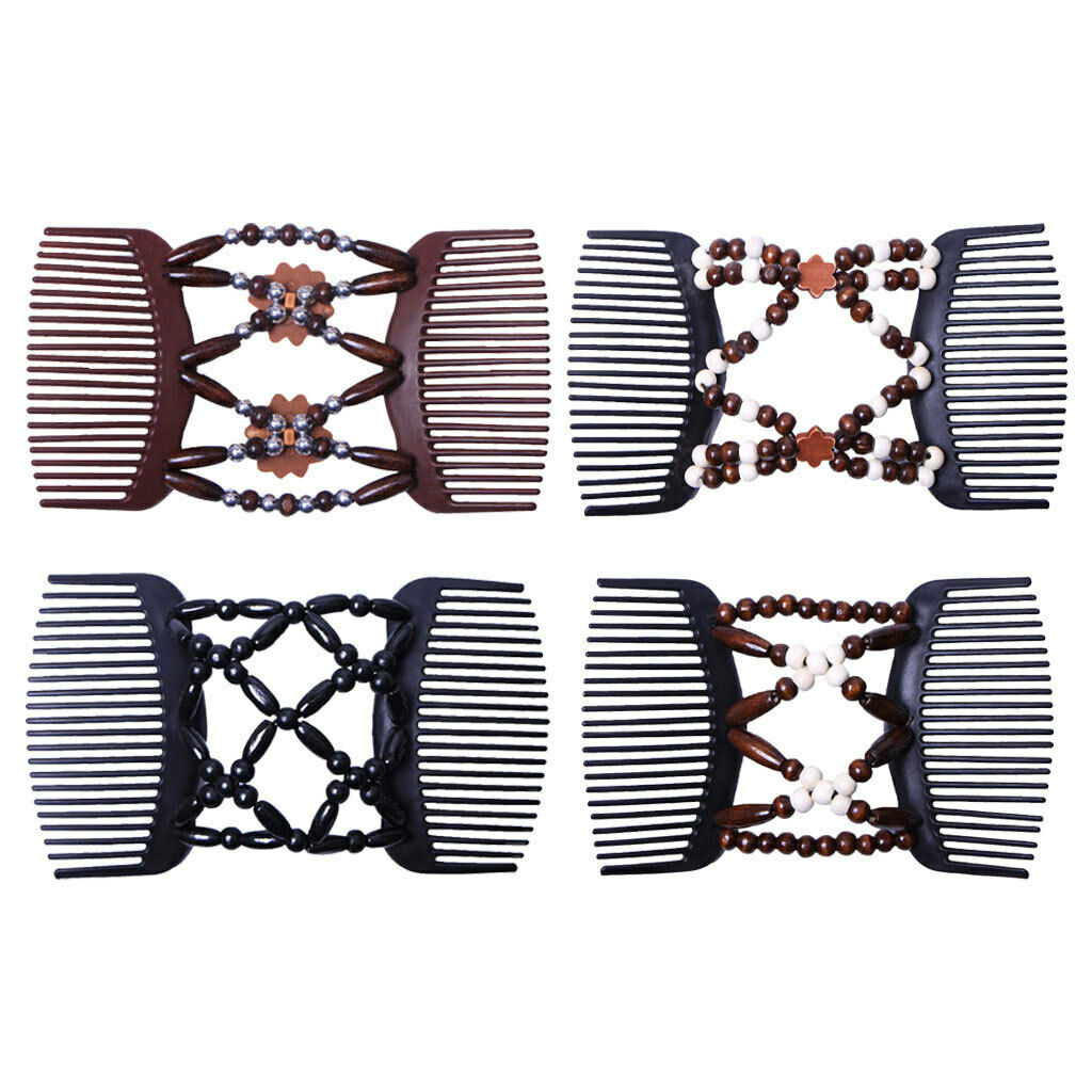 4pcs Magic Wood Beads Double Hair Comb Clip Stretchy Hair Roses Ladies Party