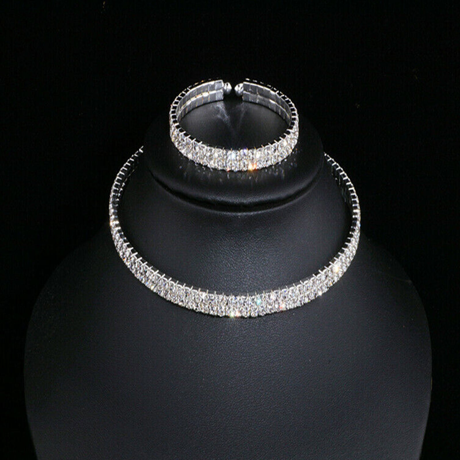 Rhinestone Jewelry Set Bride Ladies Crystal Necklace Earring Bracelet Wedding