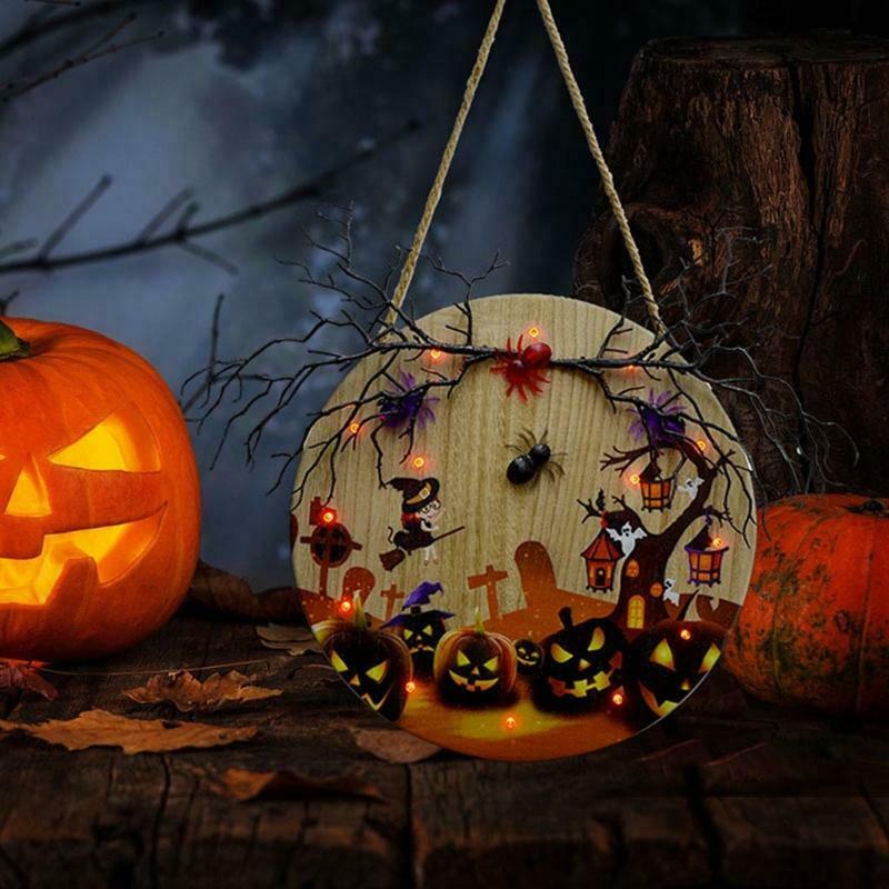 Halloween Sign Front Door Decor Farmhouse Porch Wall Signs with LED Light Decor