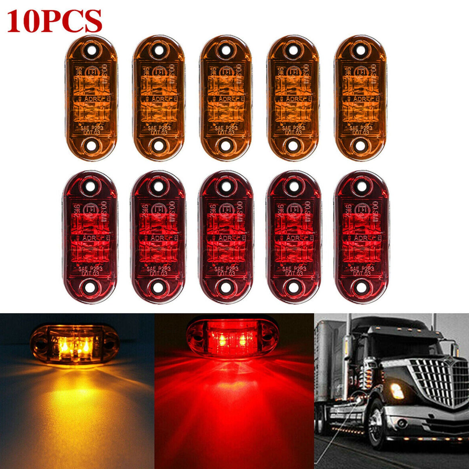 5x Amber+5x Red LED Car Truck Trailer RV Oval 2.5" Side Clearance Marker Lights