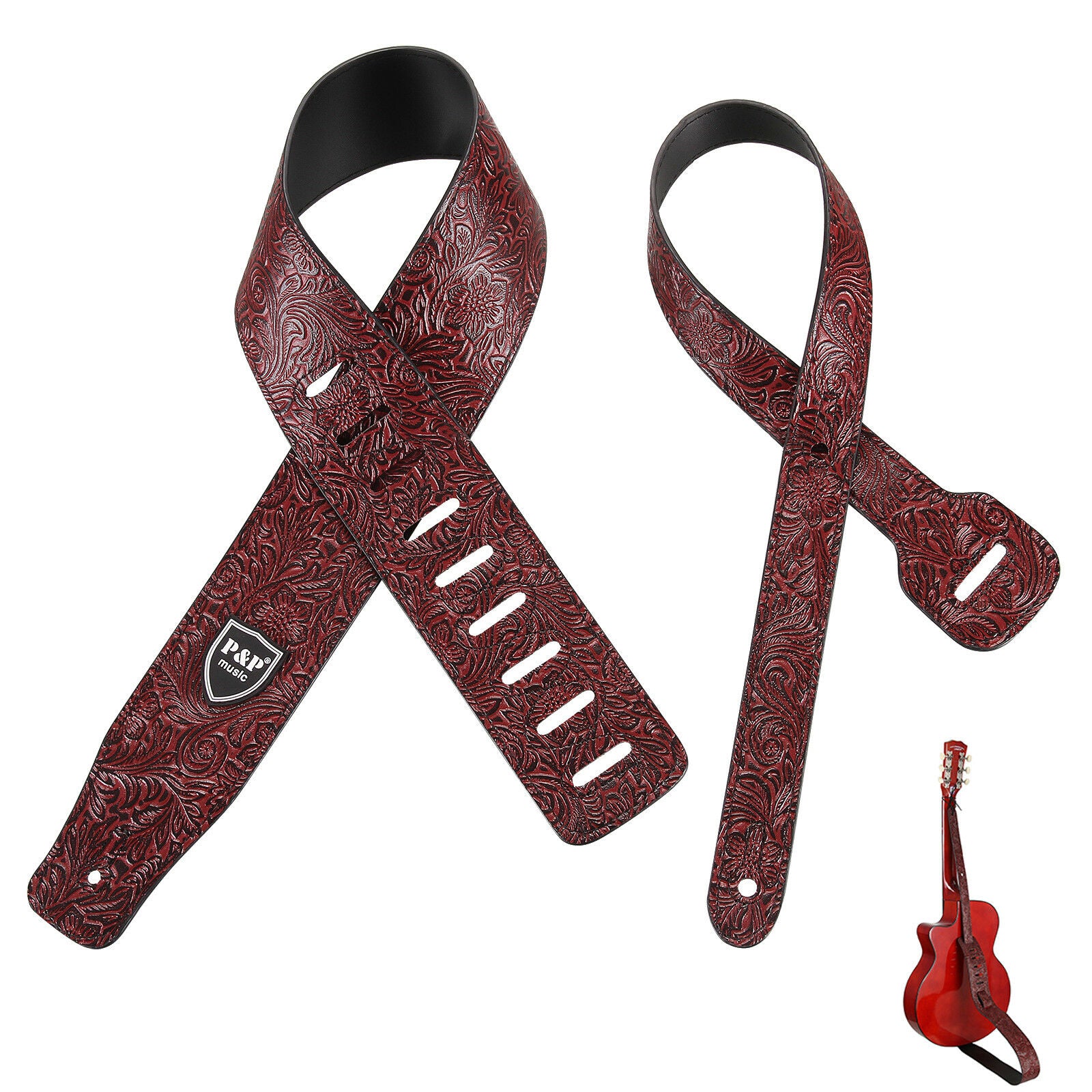 Pu Leather Guitar Strap Embossed for Acoustic Electric Bass Guitar Adjustable
